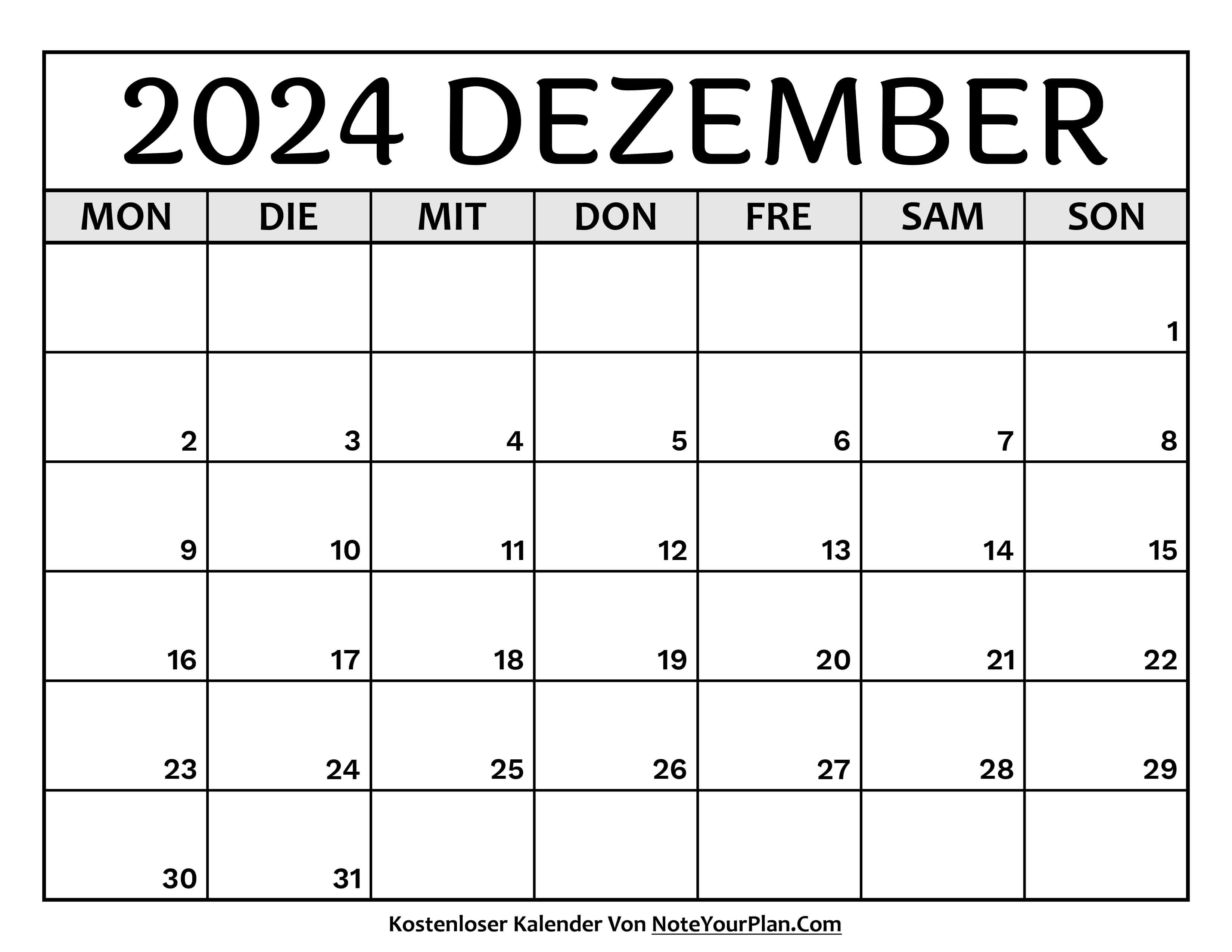 Kalender Dezember 2024 zum Ausdrucken