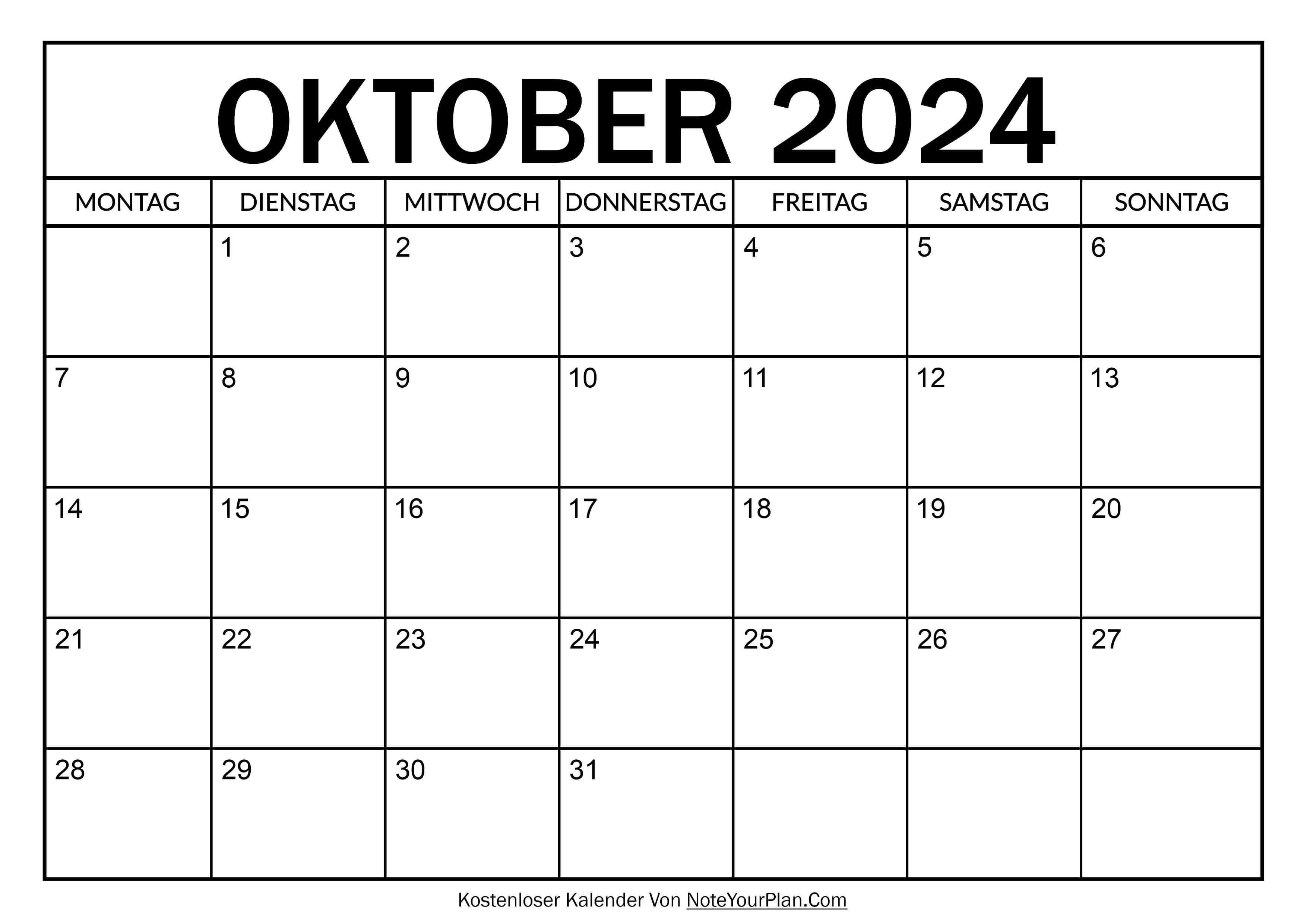 Kalender für Oktober 2024