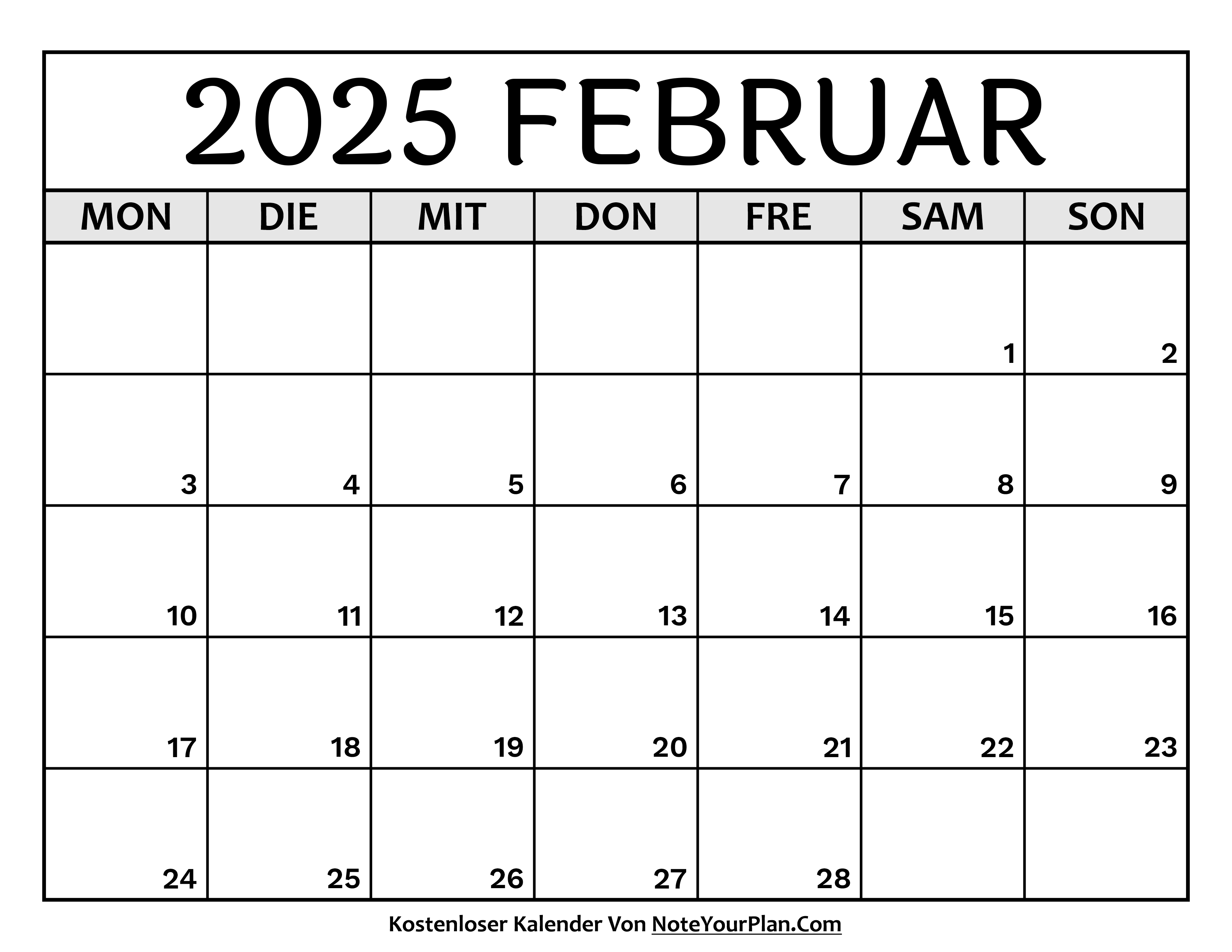 Kalender Februar 2025 zum Ausdrucken