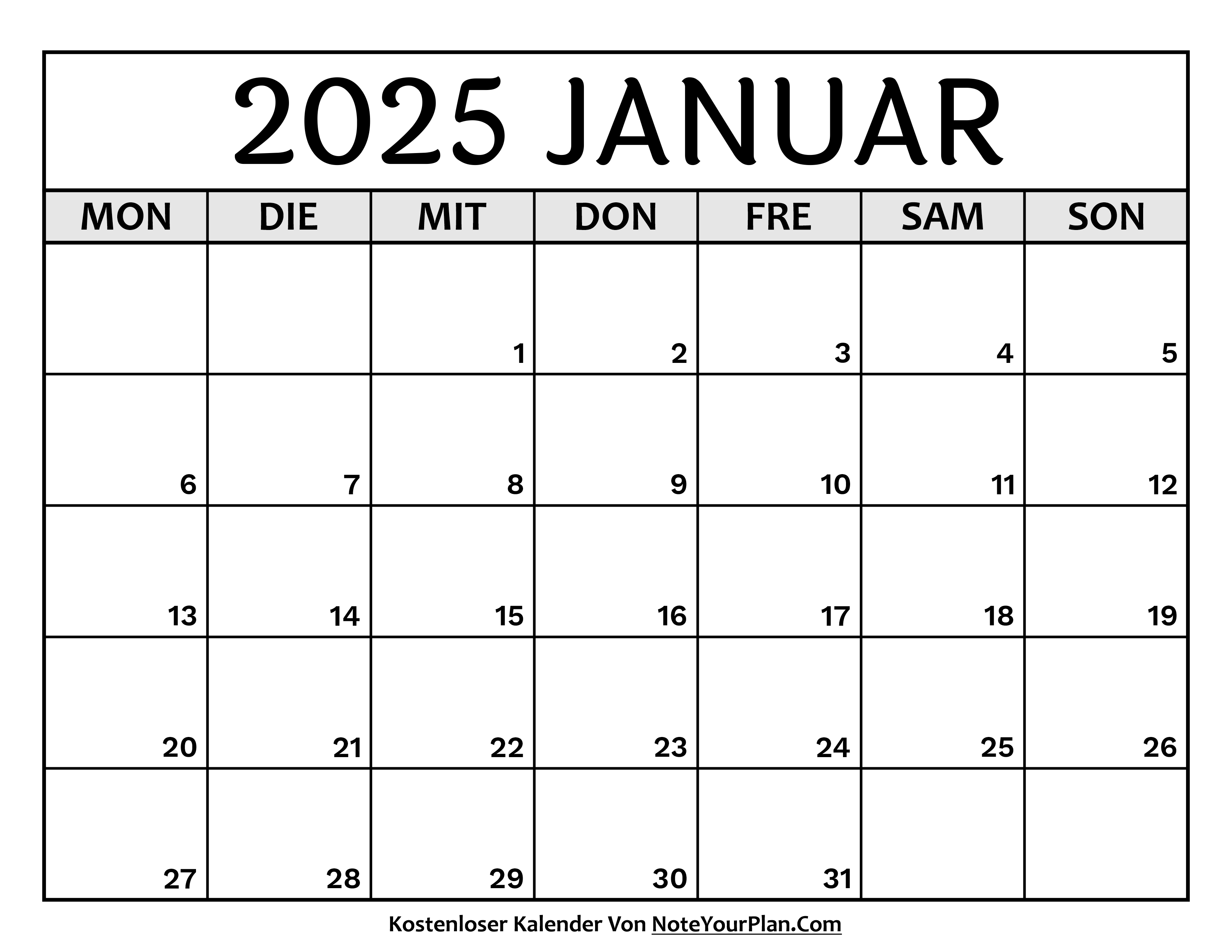 Kalender Januar 2025 zum Ausdrucken