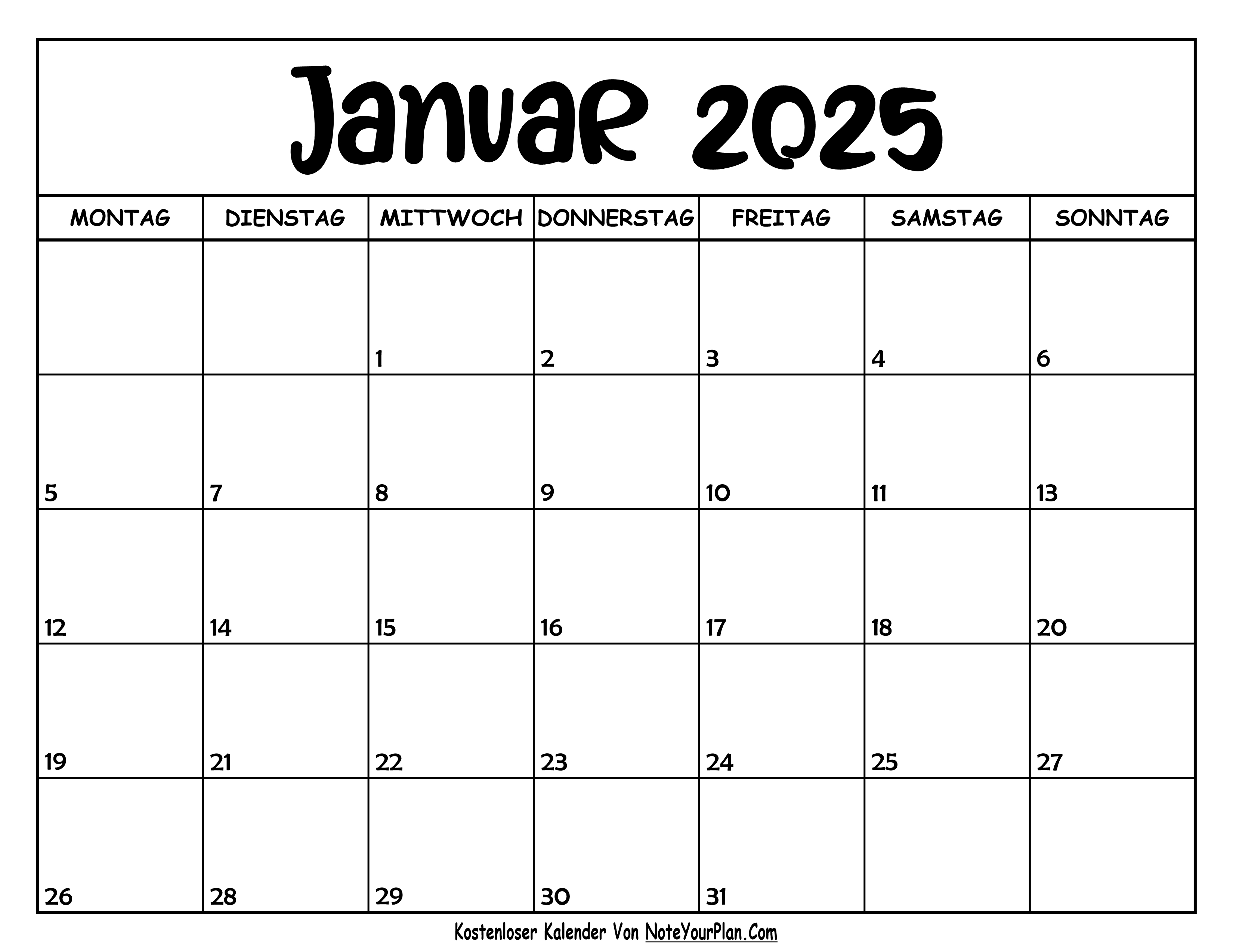 Kalender Januar 2025