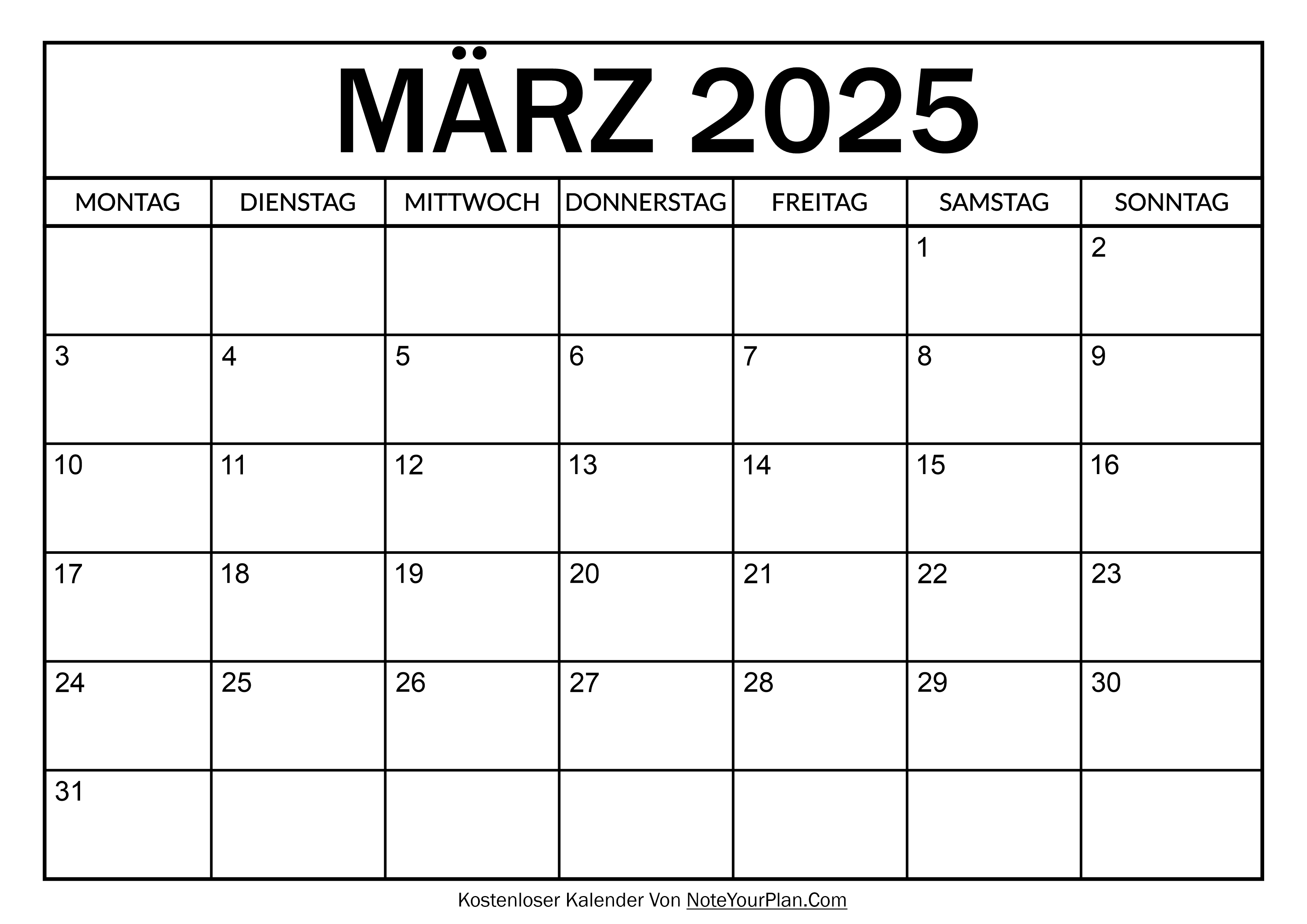 Kalender für März 2025