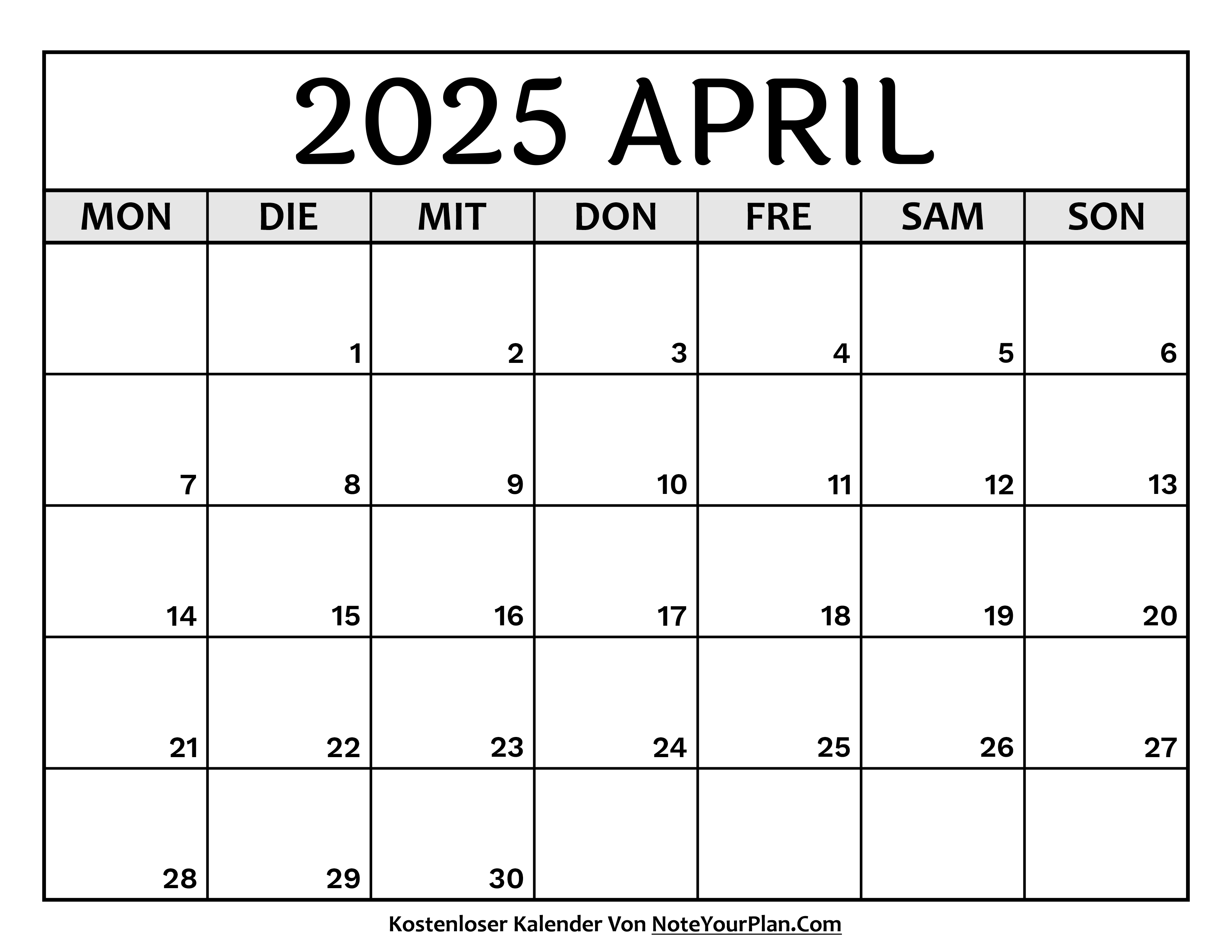 Kalender April 2025 zum Ausdrucken