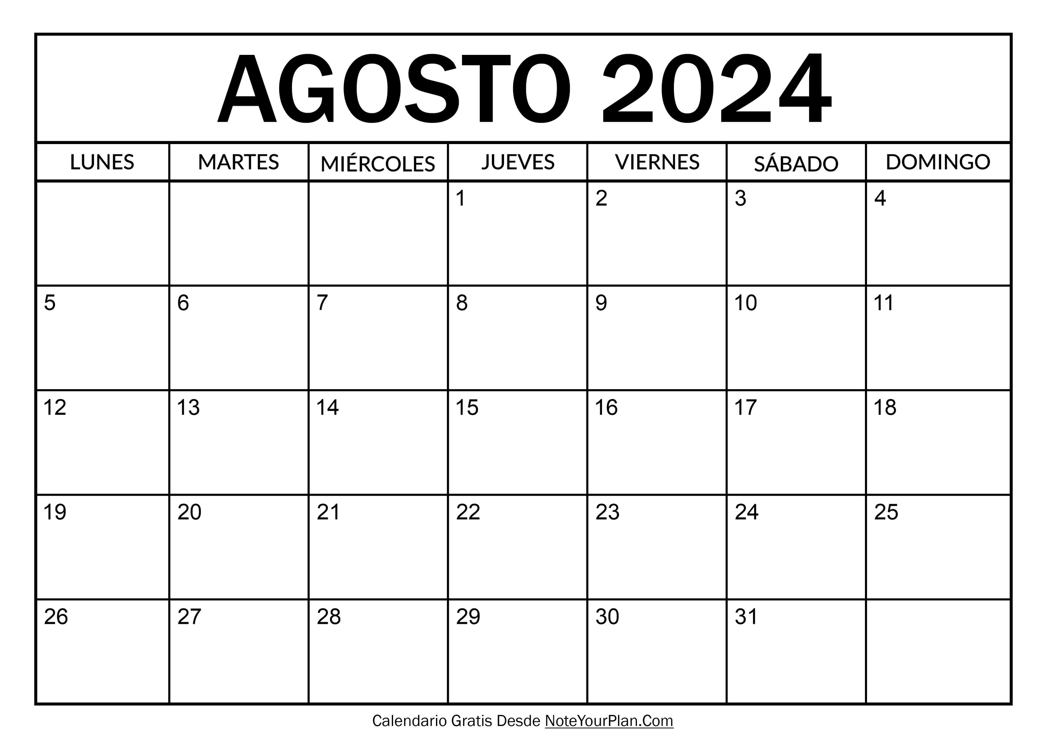 Calendario de Agosto 2024 para Imprimir