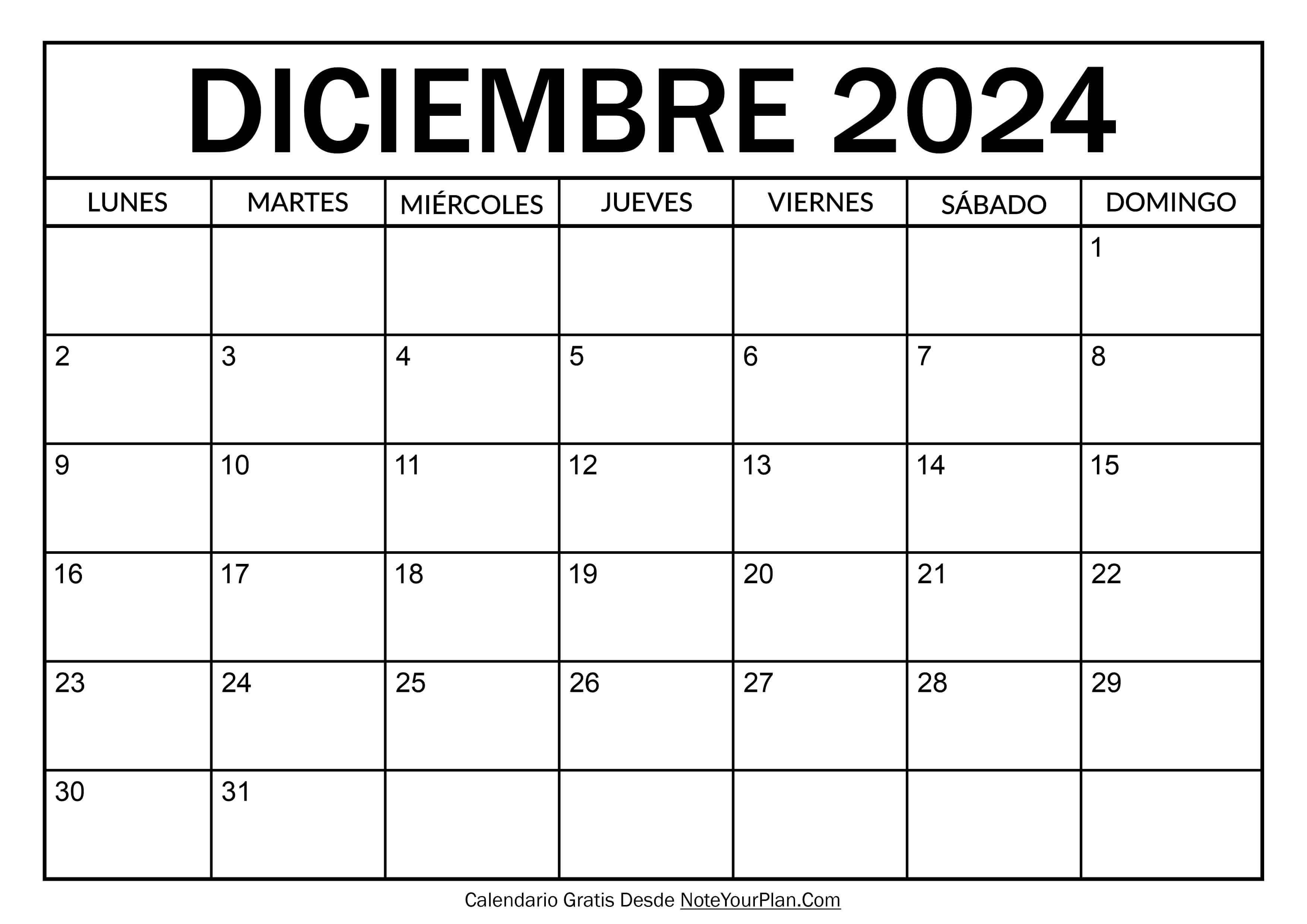 Calendario de Diciembre 2024 para Imprimir
