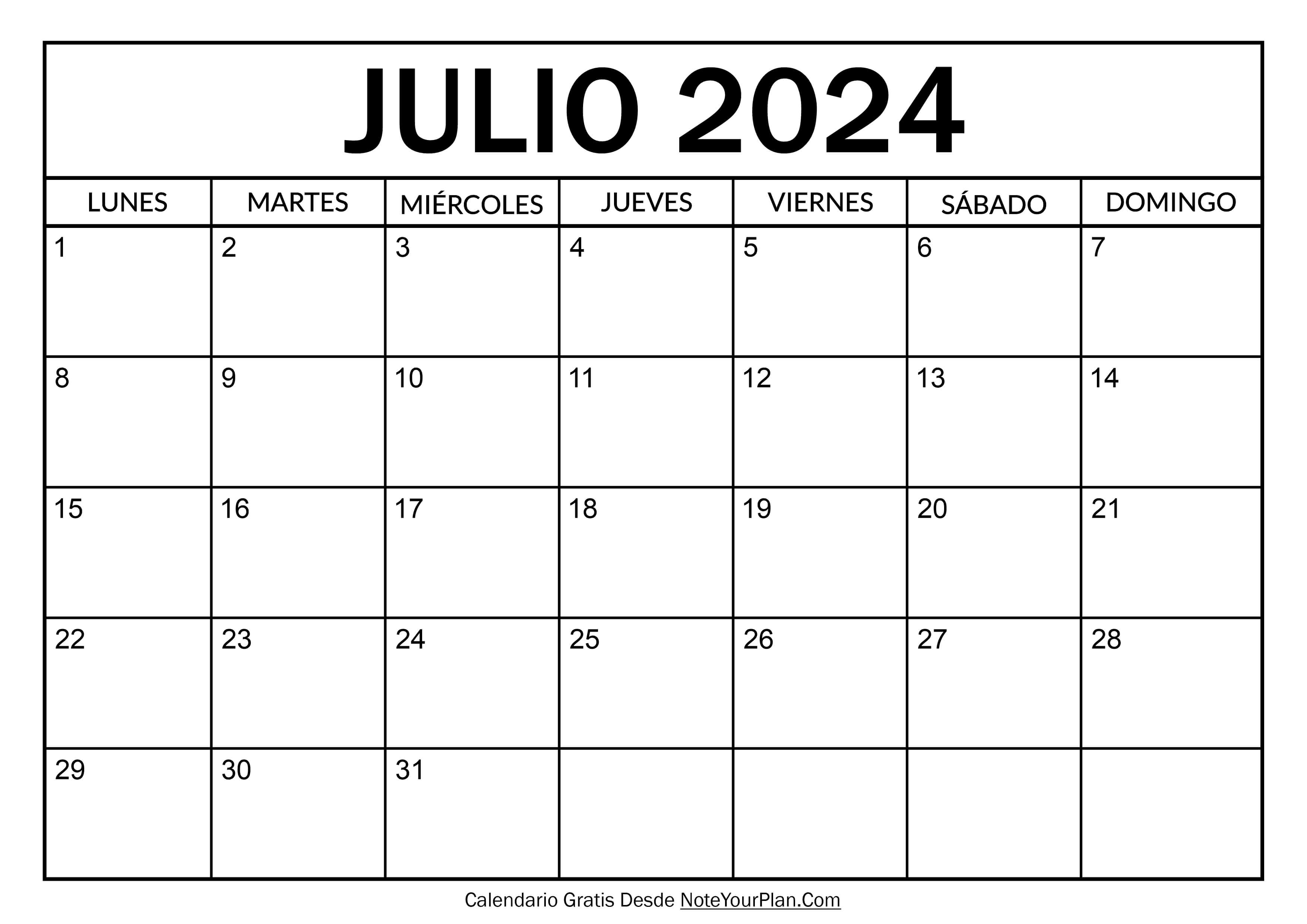 Calendario de Julio 2024 para Imprimir