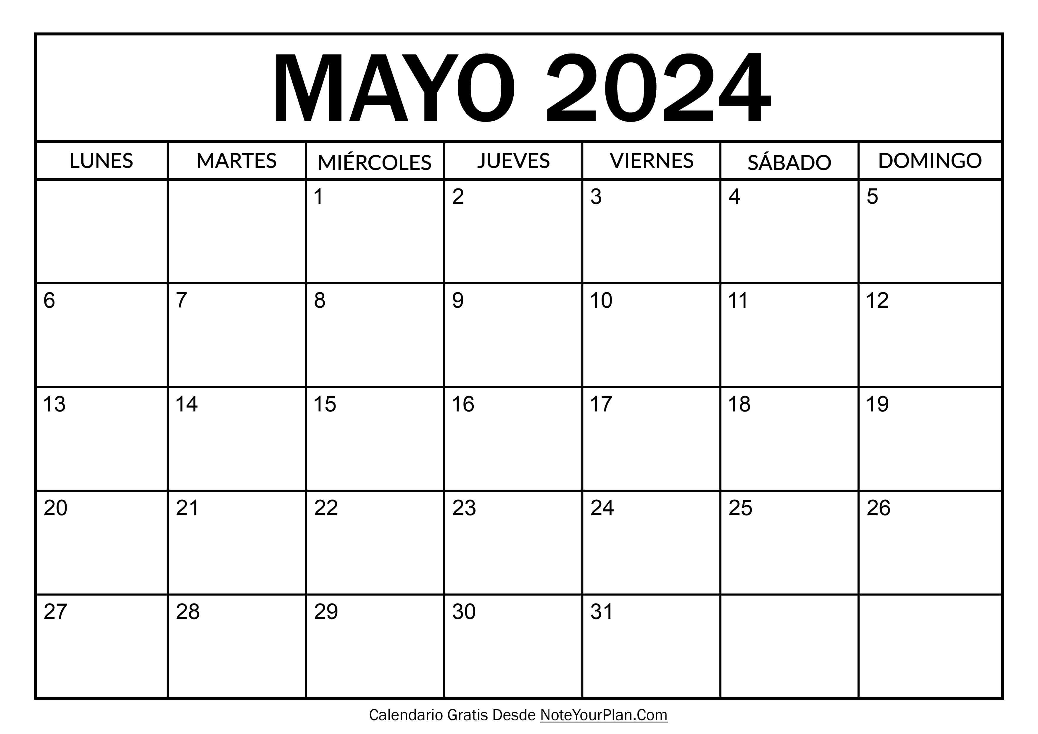 Calendario de Mayo 2024 para Imprimir