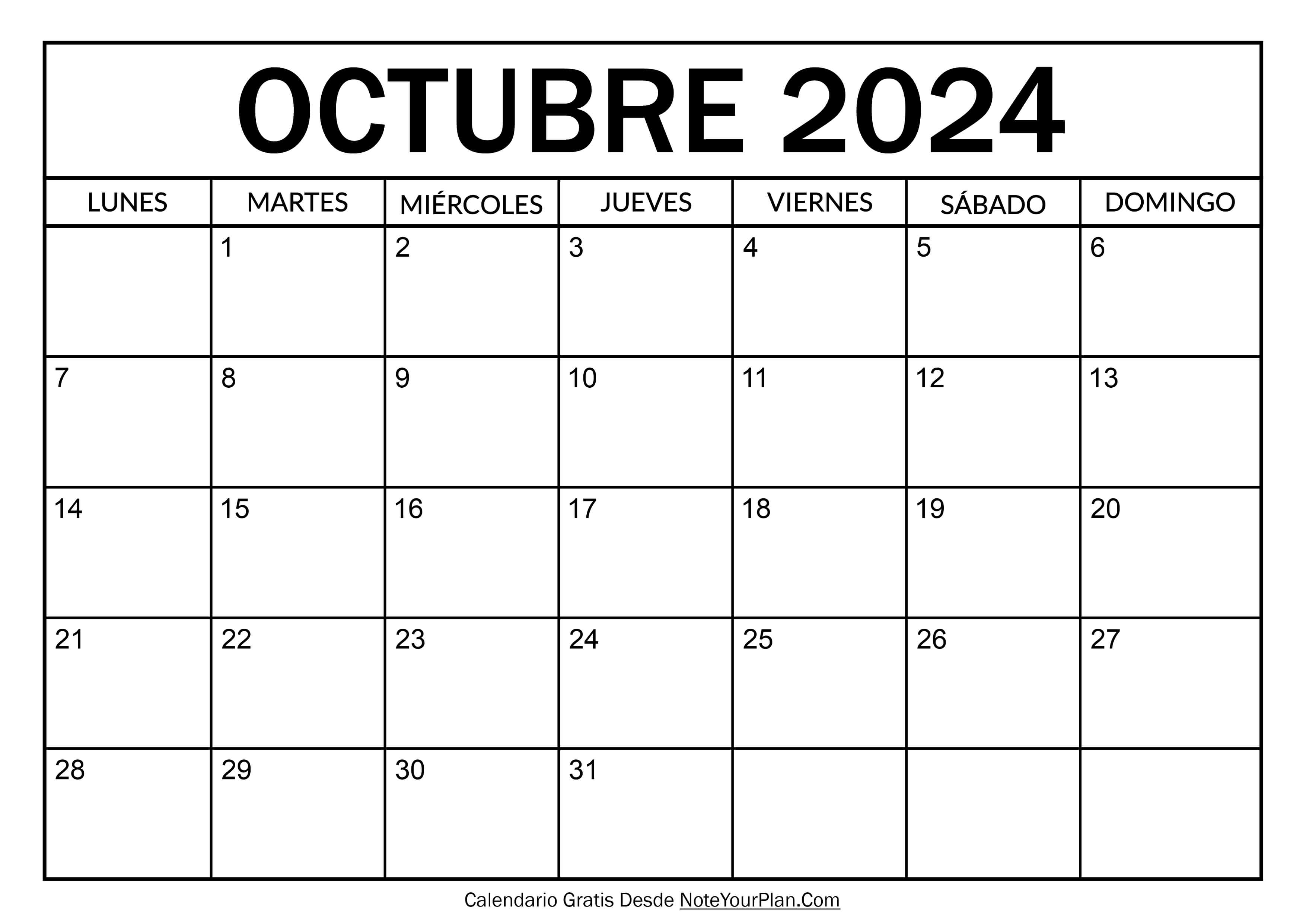 Calendario de Octubre 2024 para Imprimir