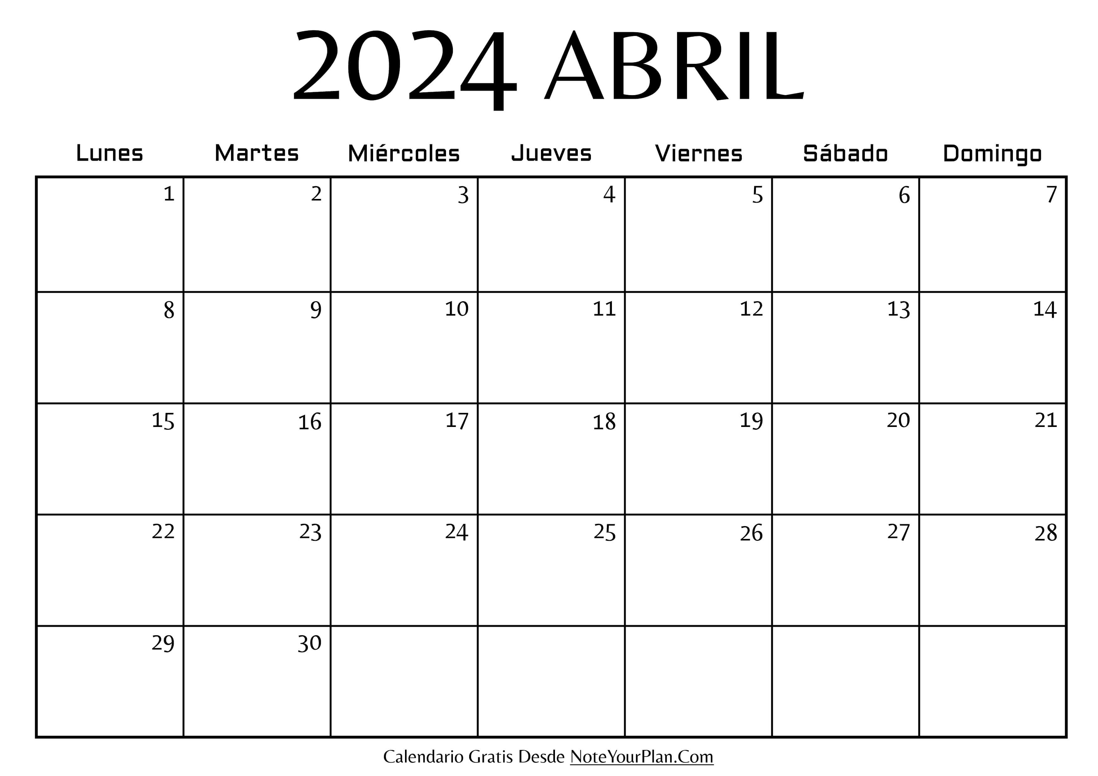 Calendario en blanco de Abril