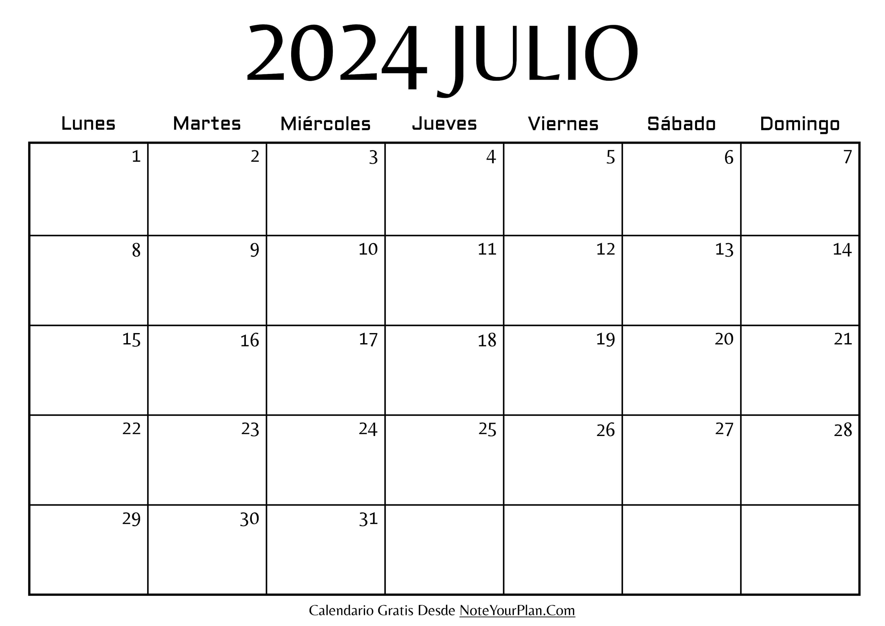 Calendario en blanco de Julio