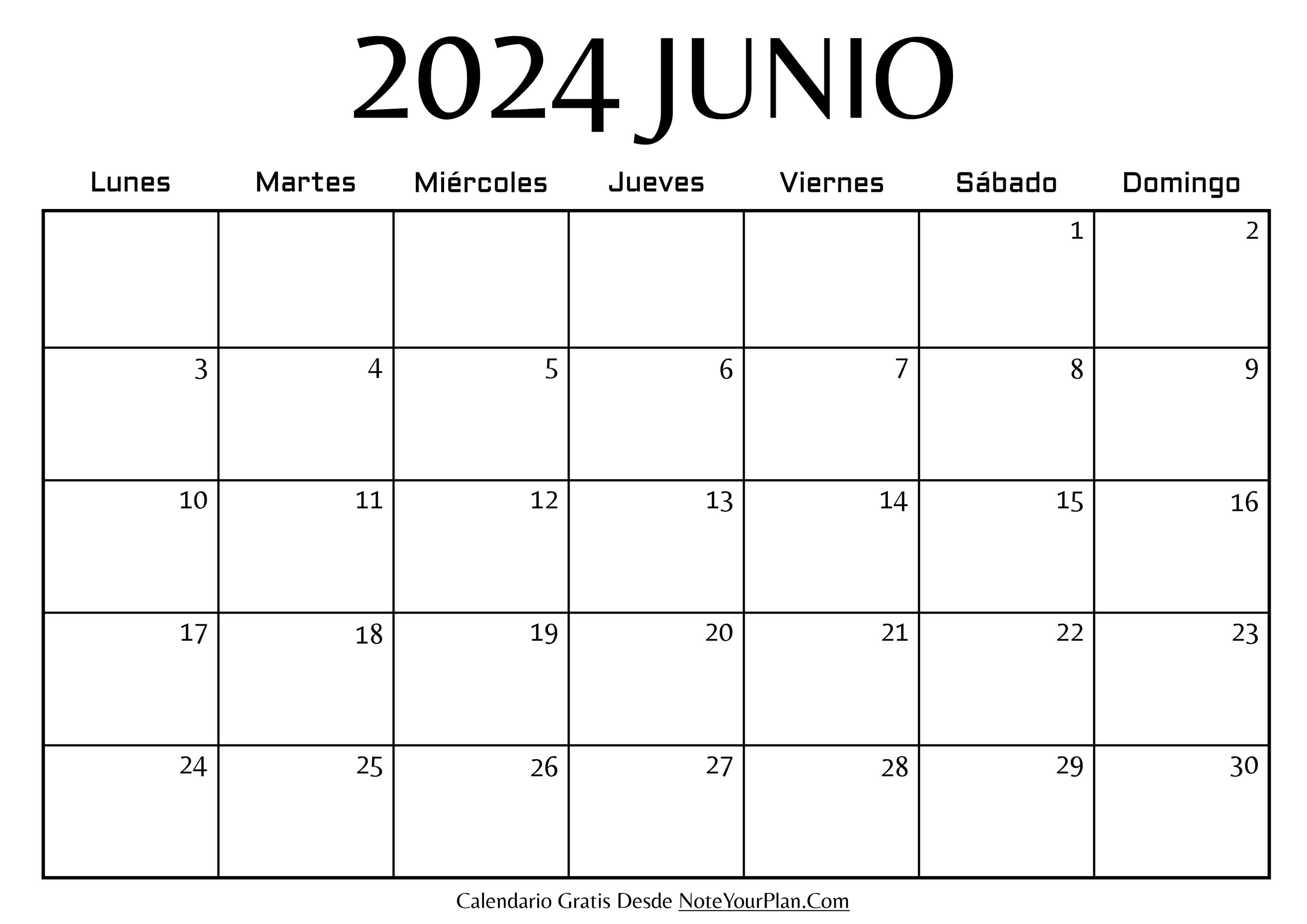 Calendario en blanco de Junio