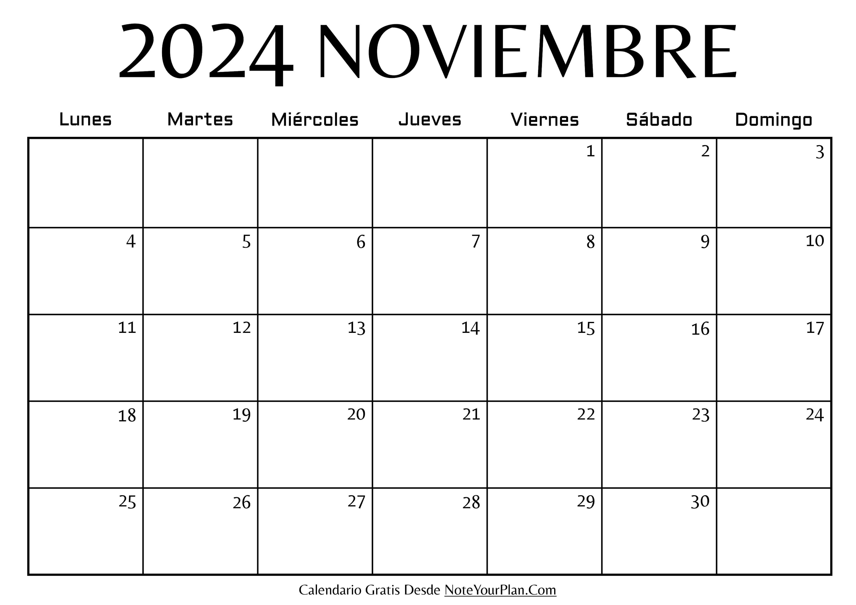 Calendario en blanco de Noviembre