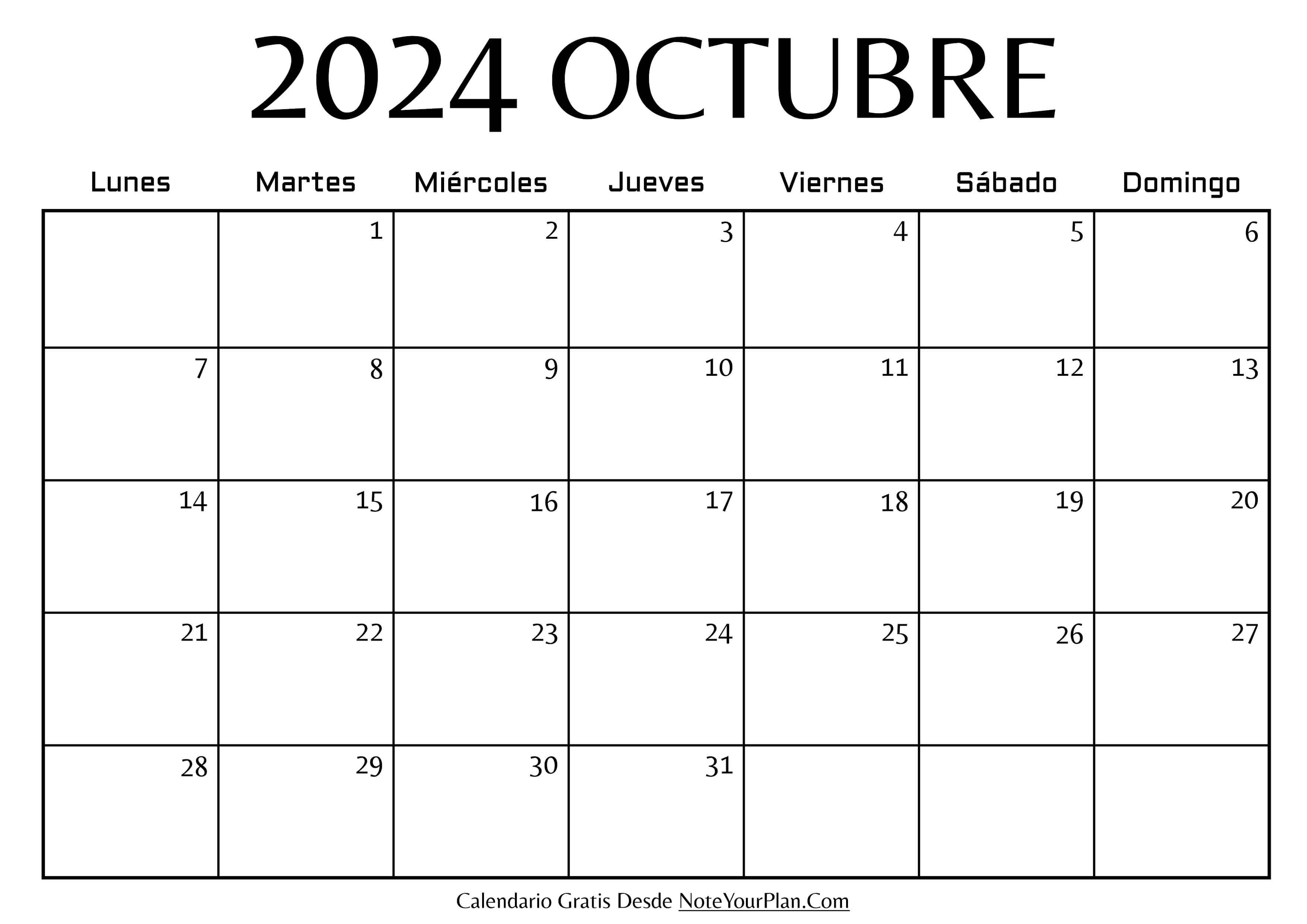 Calendario en blanco de Octubre