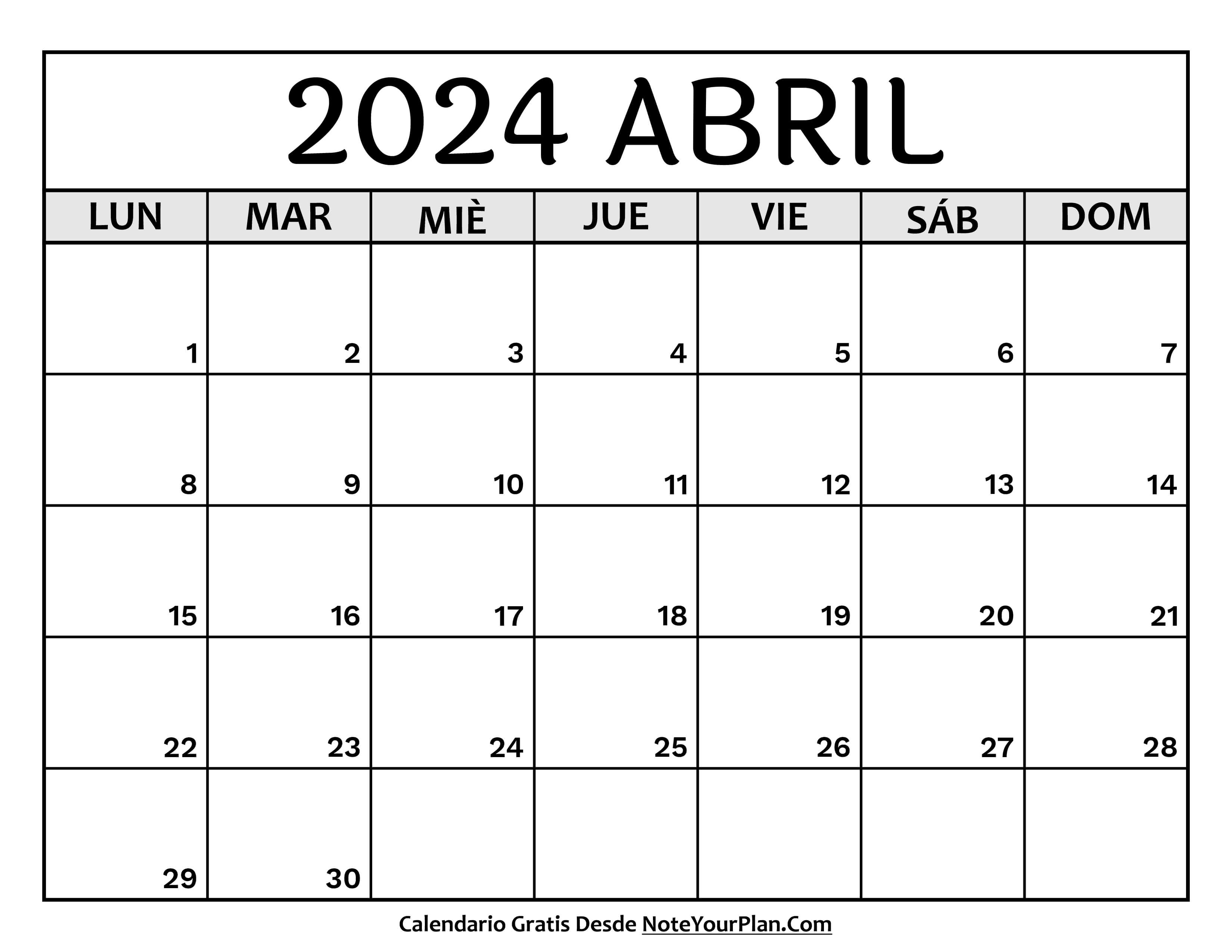 Calendario mes Abril 2024 para Imprimir