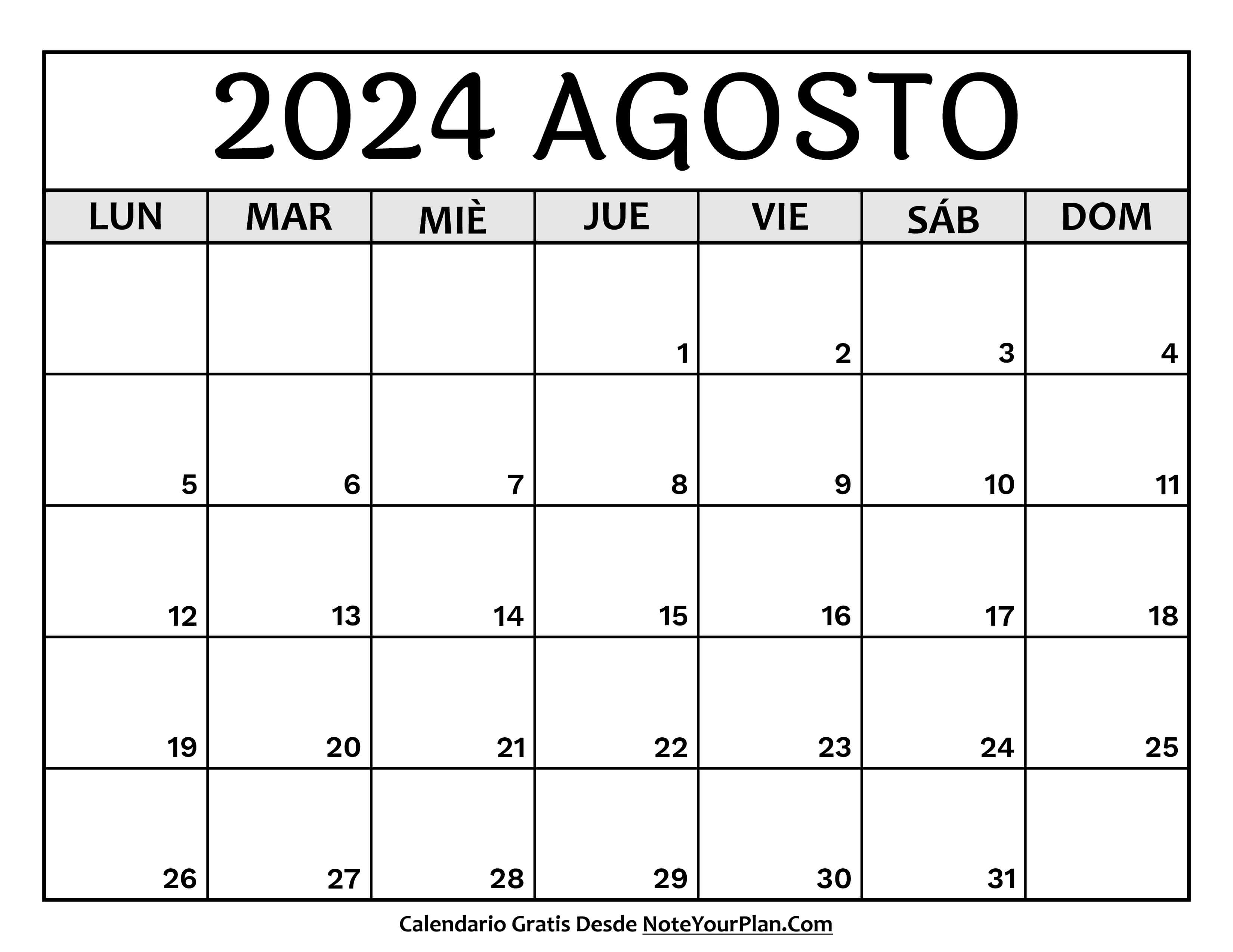 Calendario mes Agosto 2024 para Imprimir