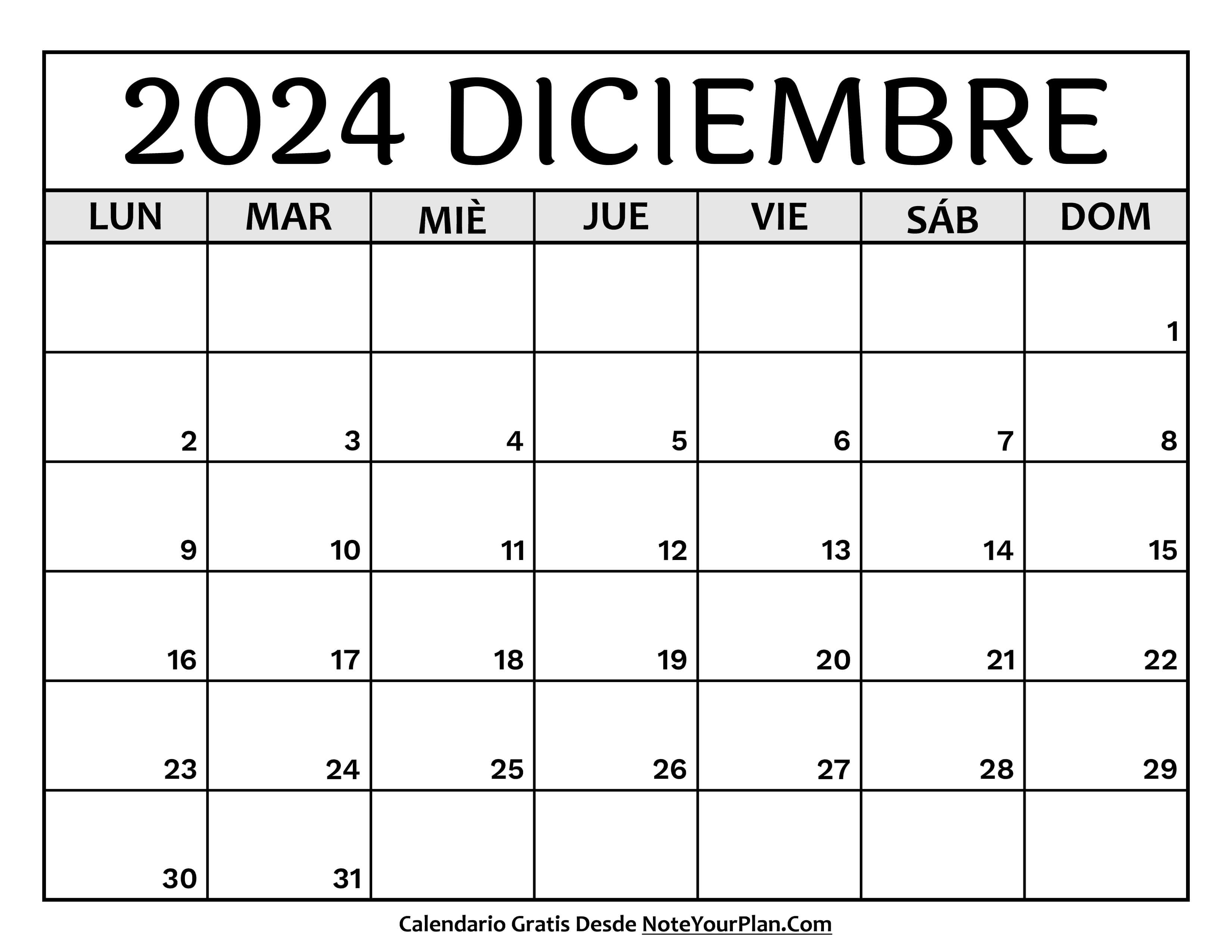 Calendario mes Diciembre 2024 para Imprimir