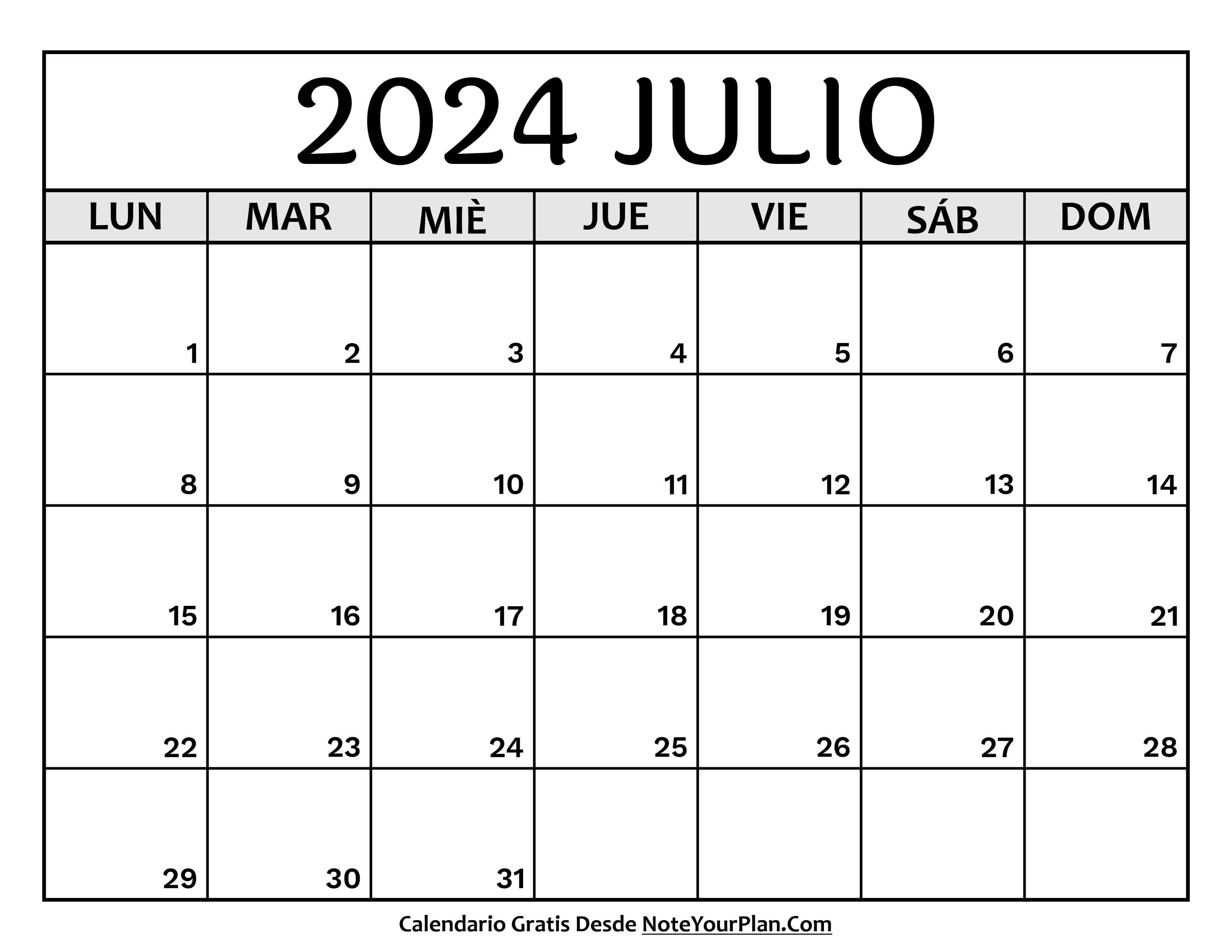 Calendario mes Julio 2024 para Imprimir