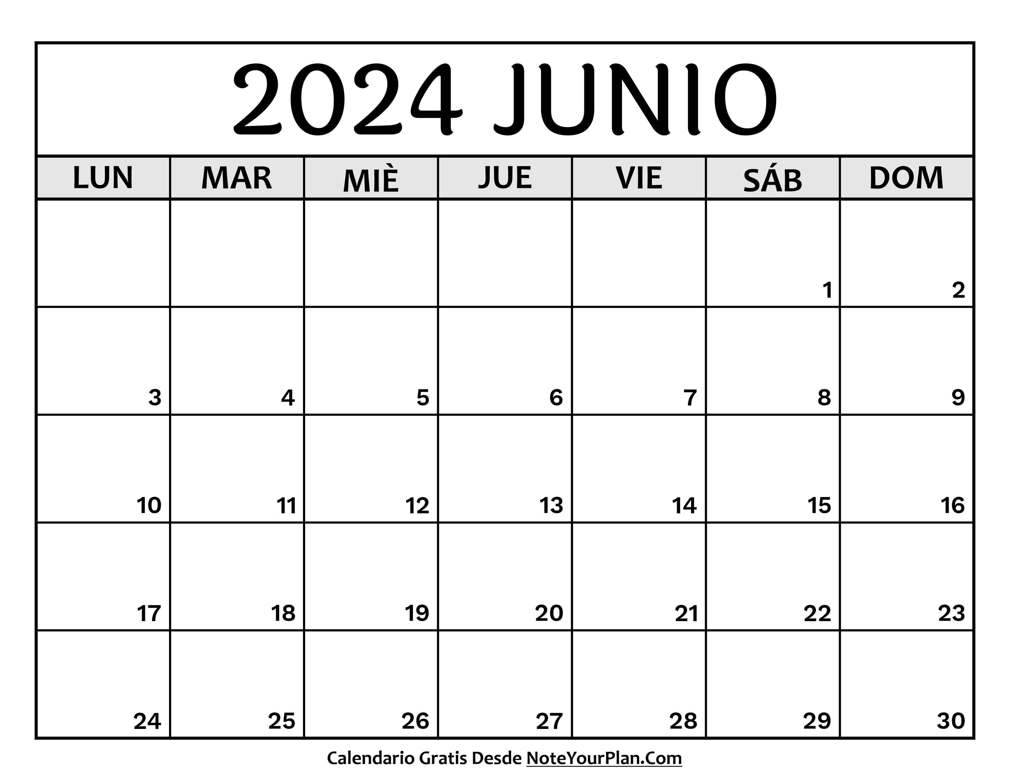 Calendario mes Junio 2024 para Imprimir