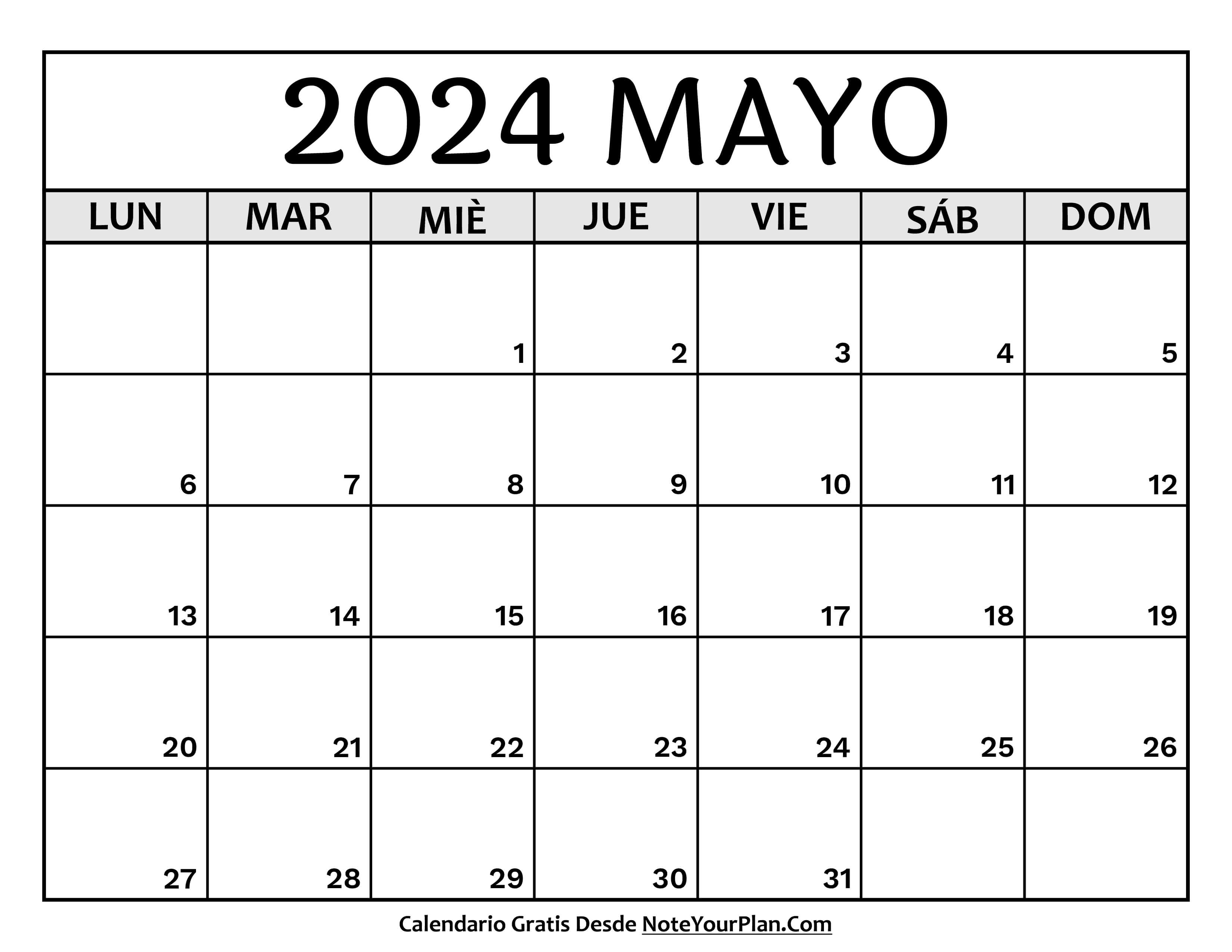 Calendario mes Mayo 2024 para Imprimir