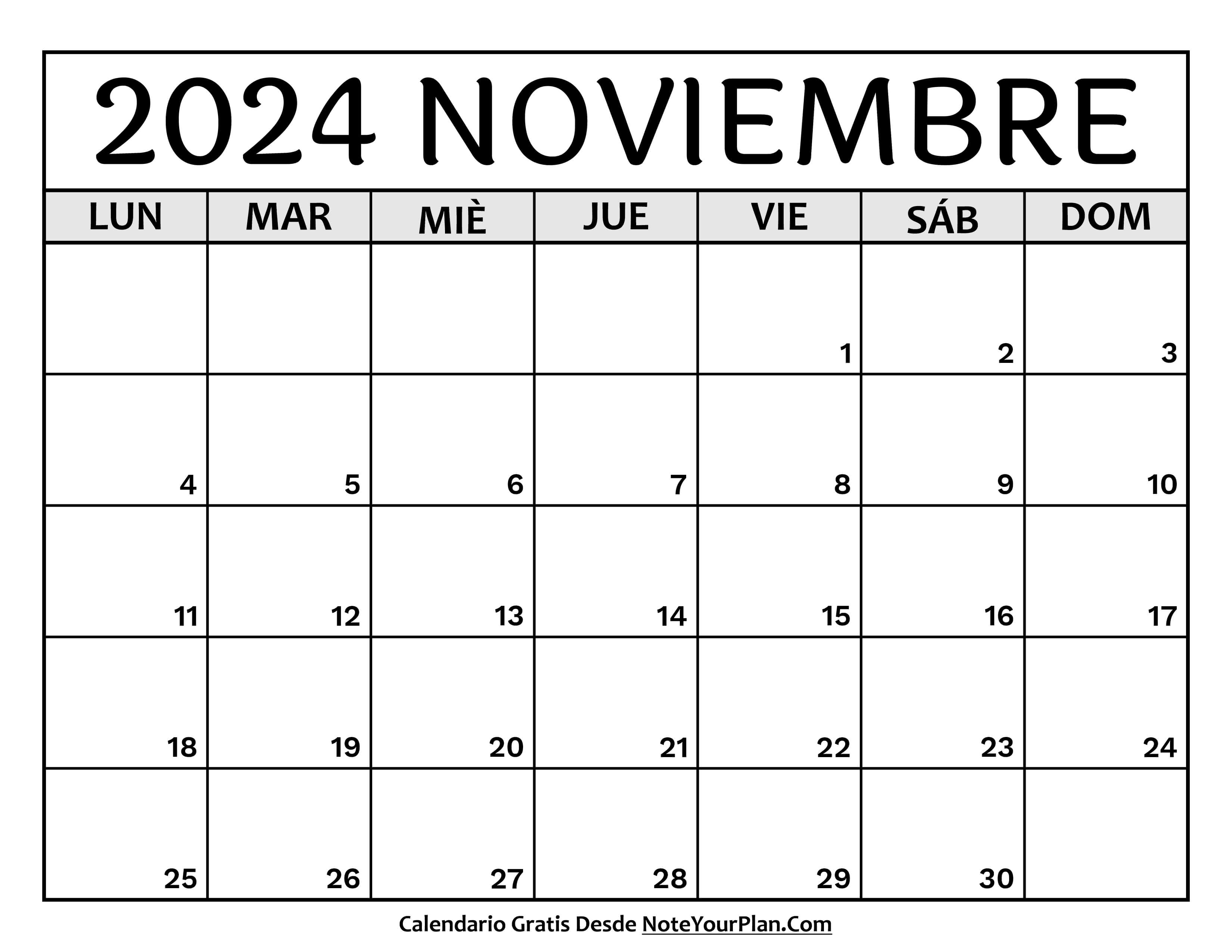 Calendario mes Noviembre 2024 para Imprimir