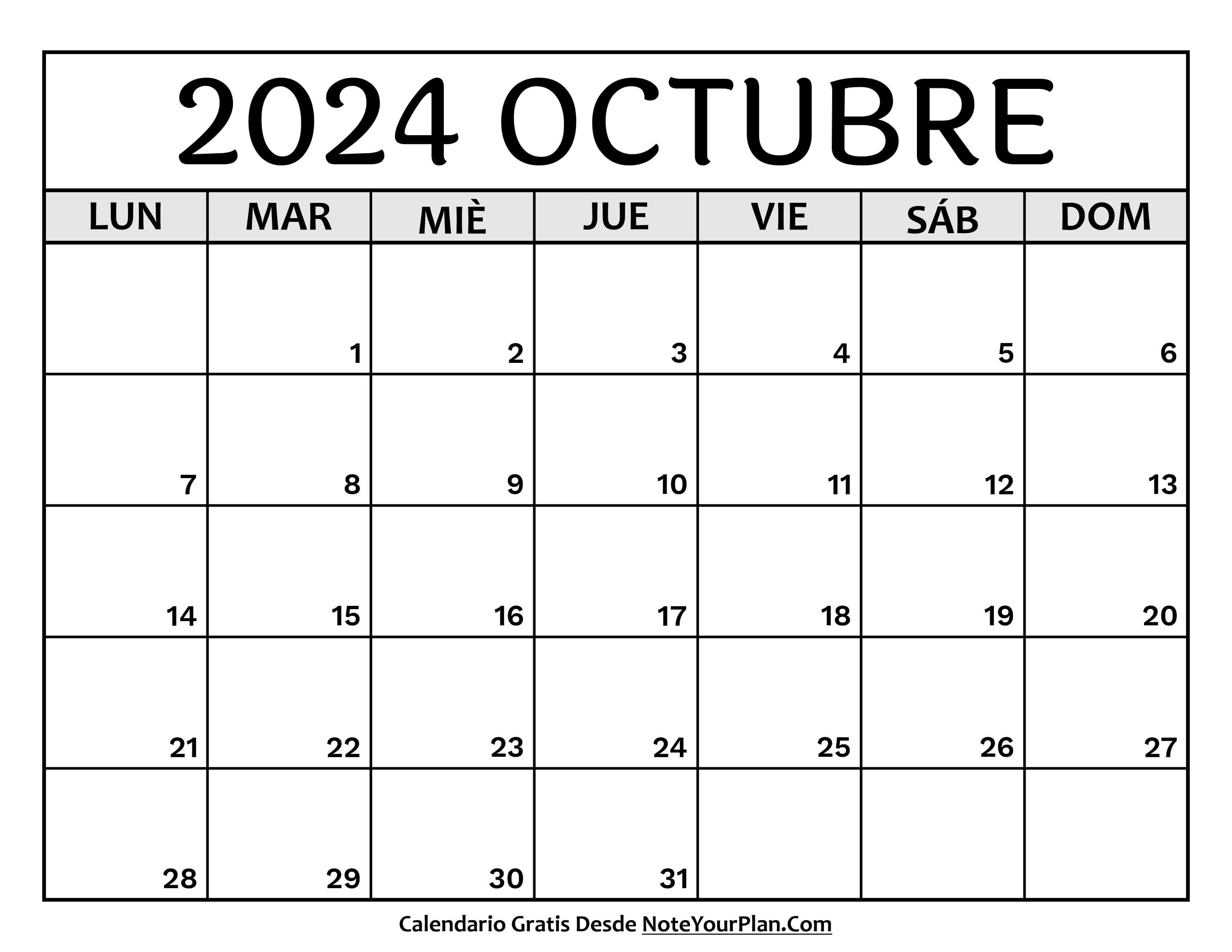 Calendario mes Octubre 2024 para Imprimir