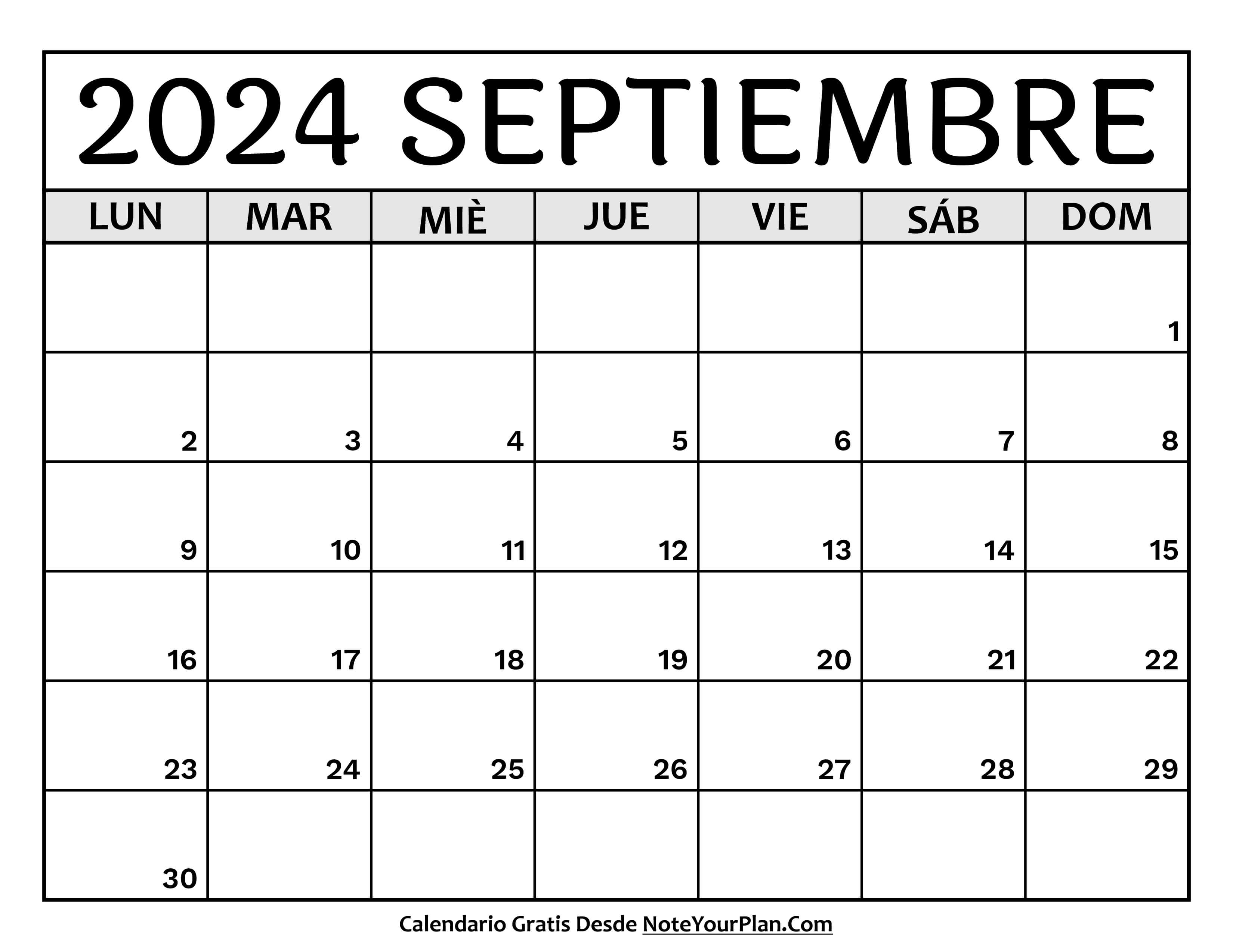 Calendario mes Septiembre 2024 para Imprimir