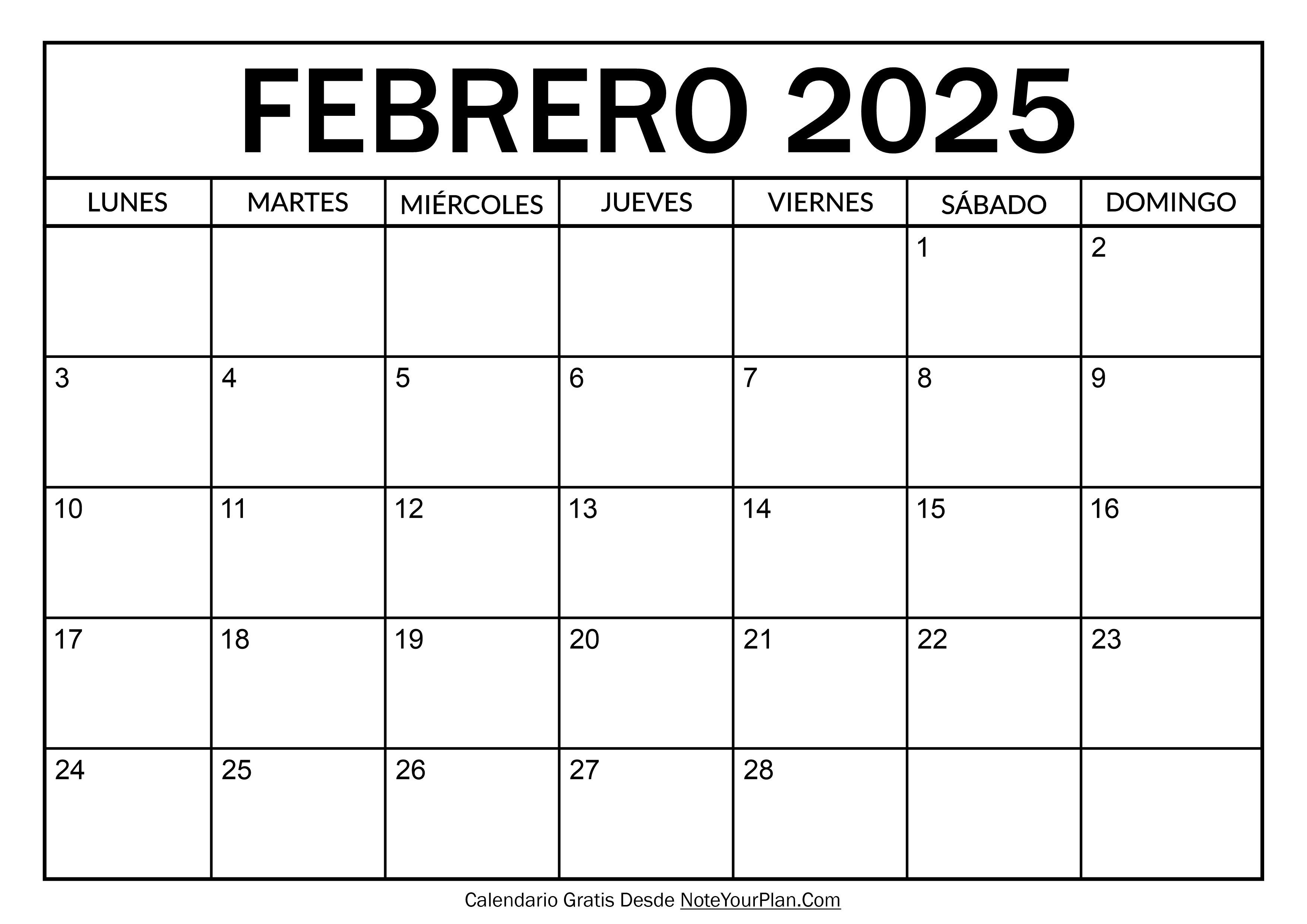 Calendario de Febrero 2025 para Imprimir