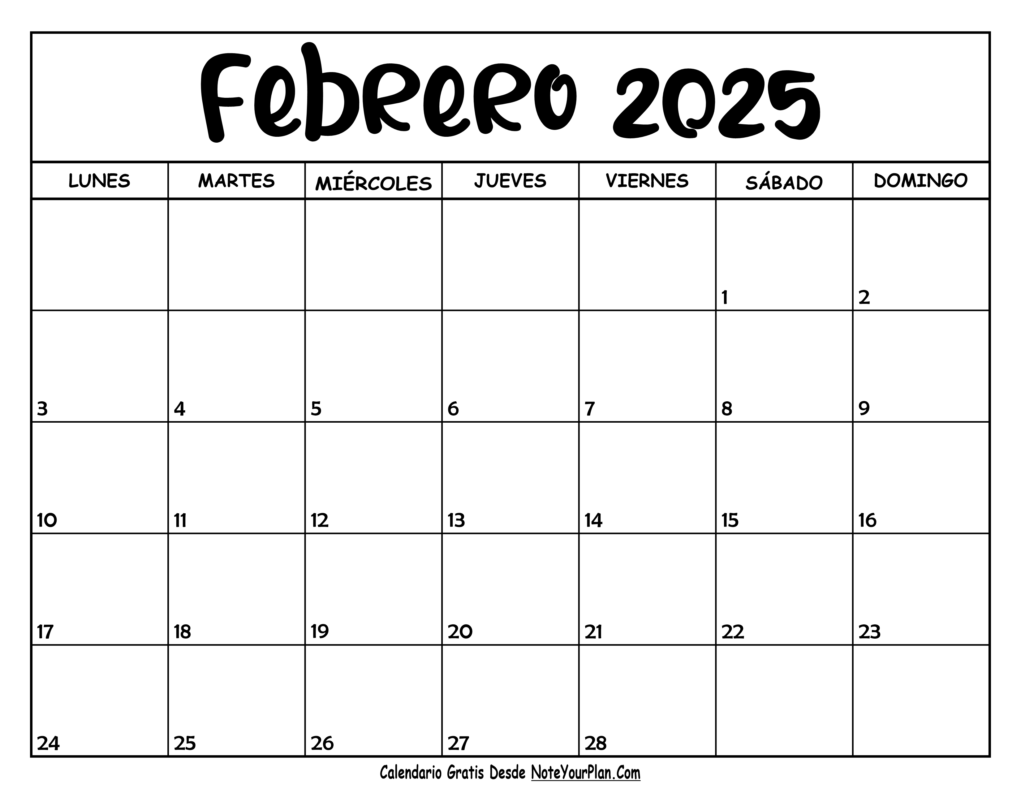 Calendario de Febrero 2025
