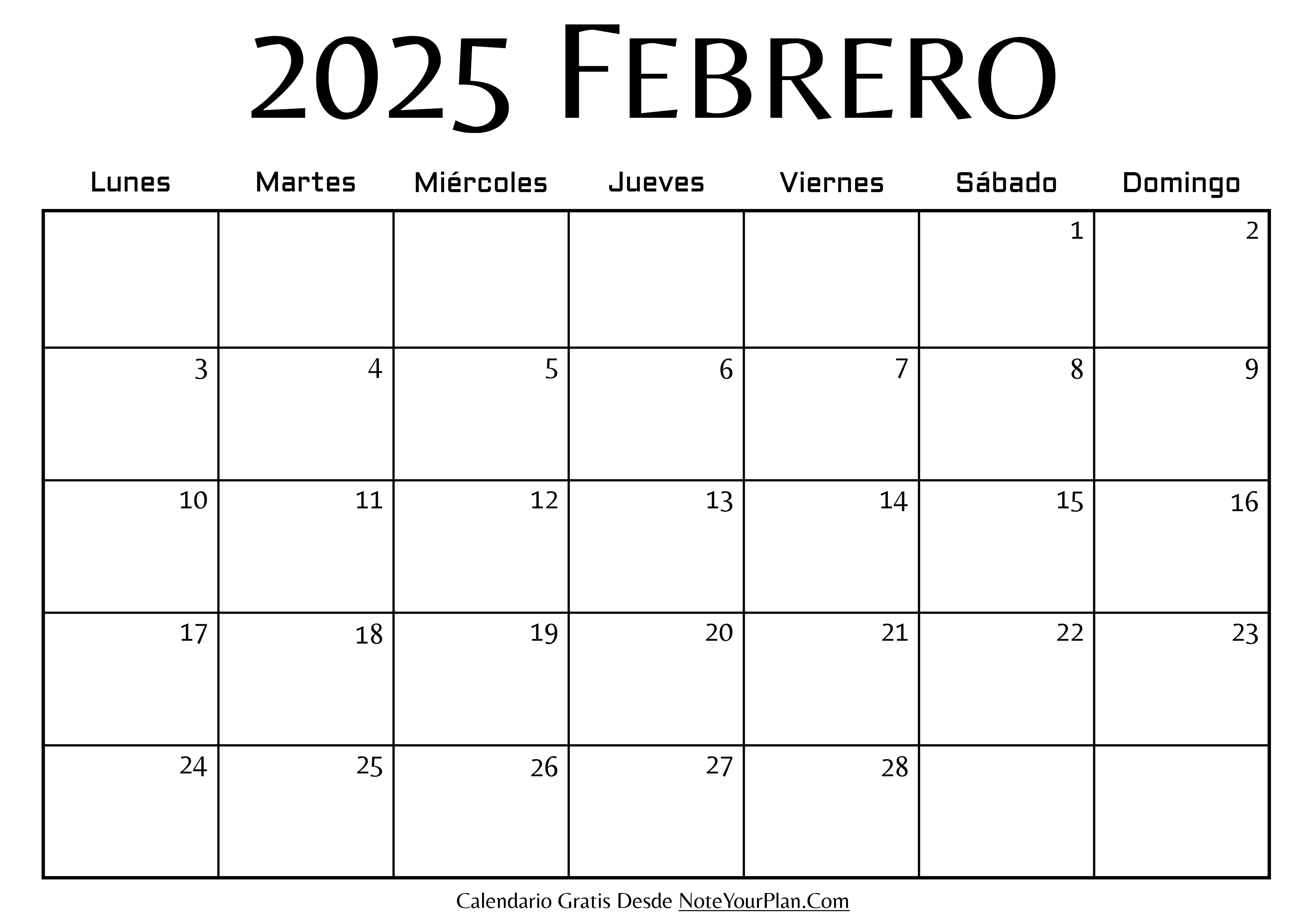 Calendario en blanco de Febrero