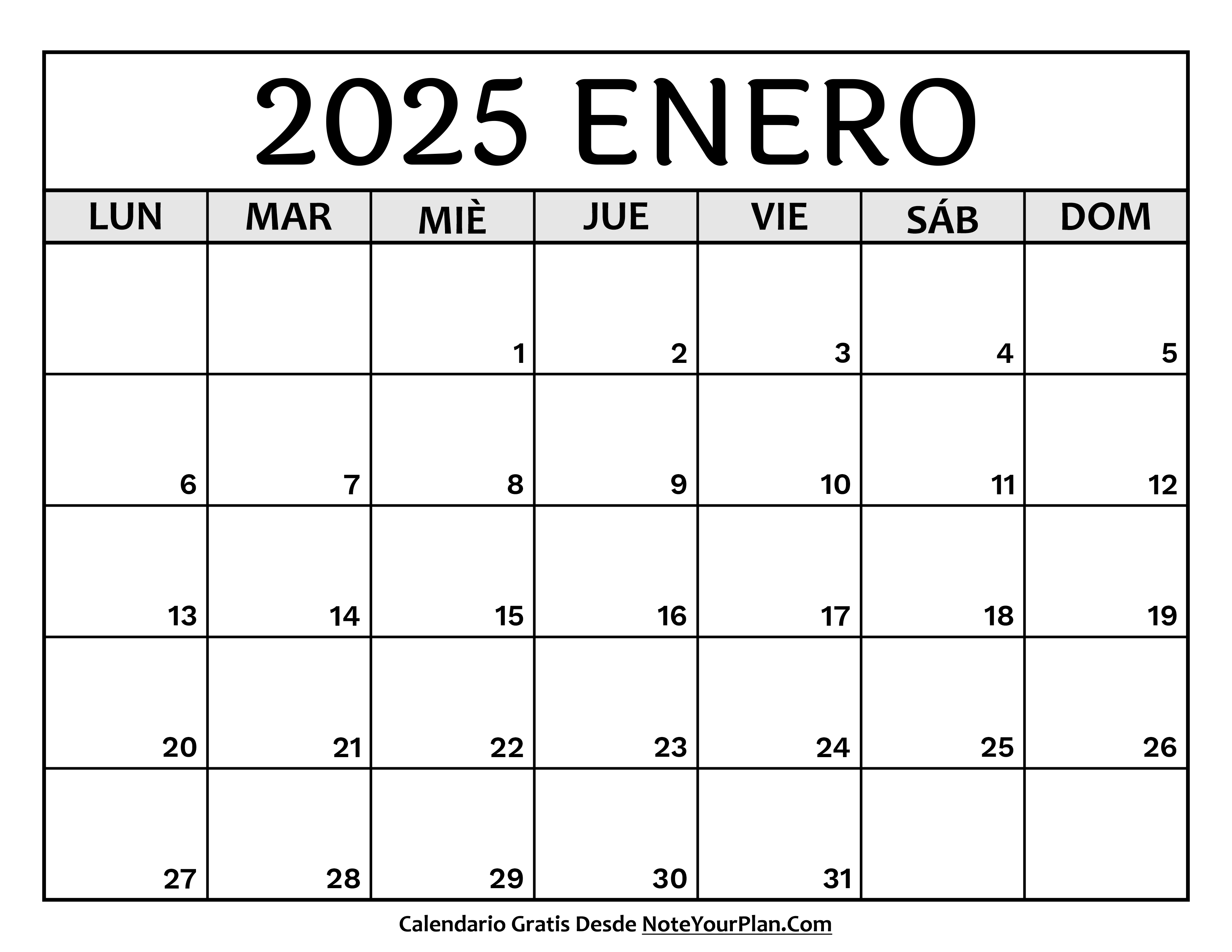 Calendario mes Enero 2025 para Imprimir