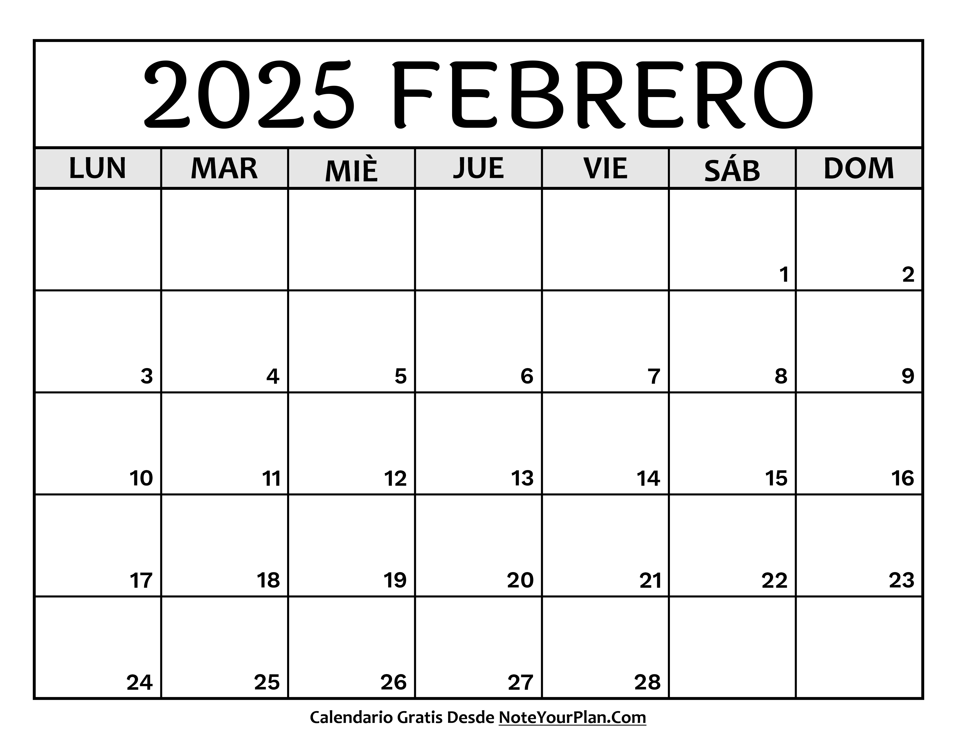 Calendario mes Febrero 2025 para Imprimir