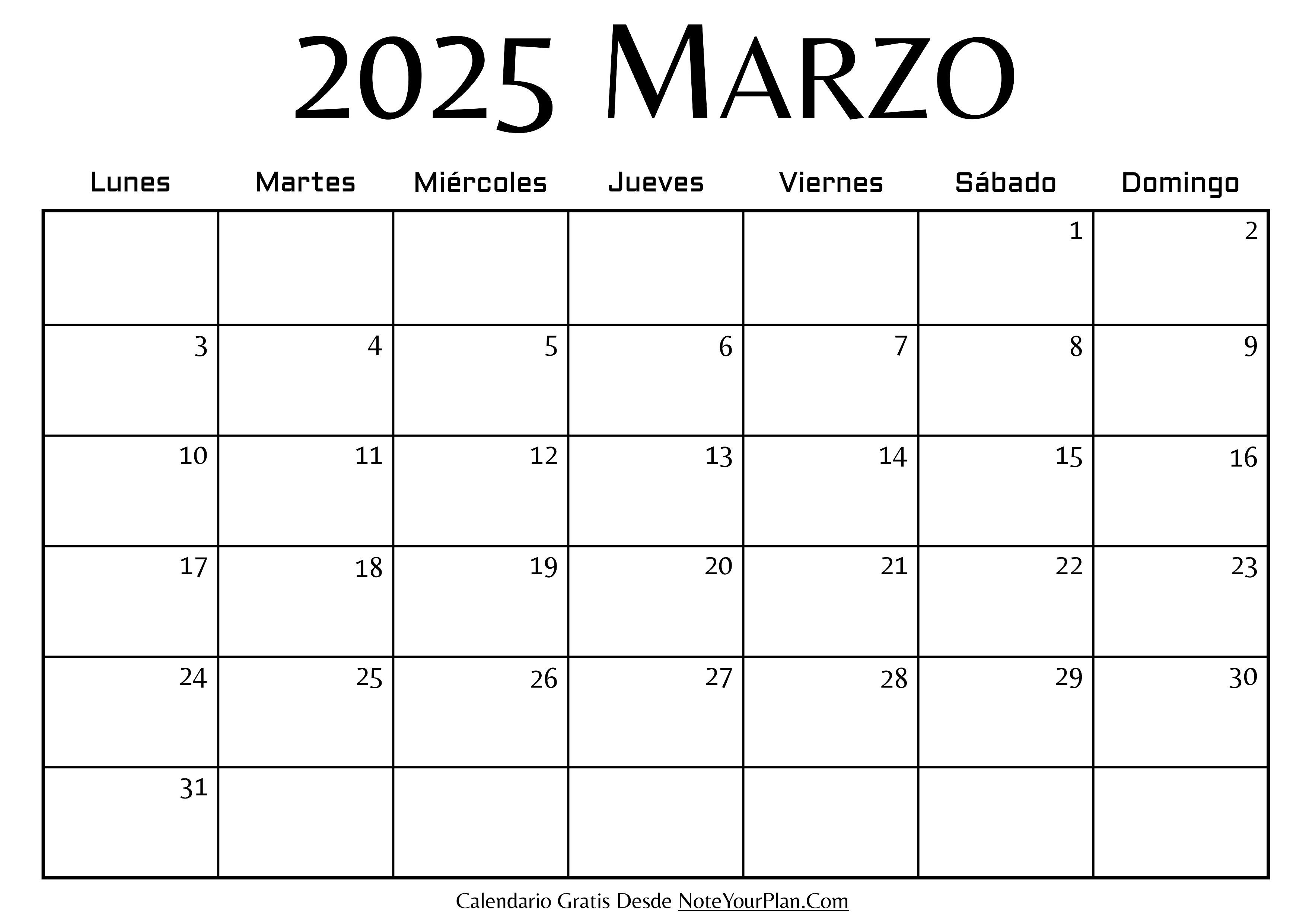 Calendario en blanco de Marzo