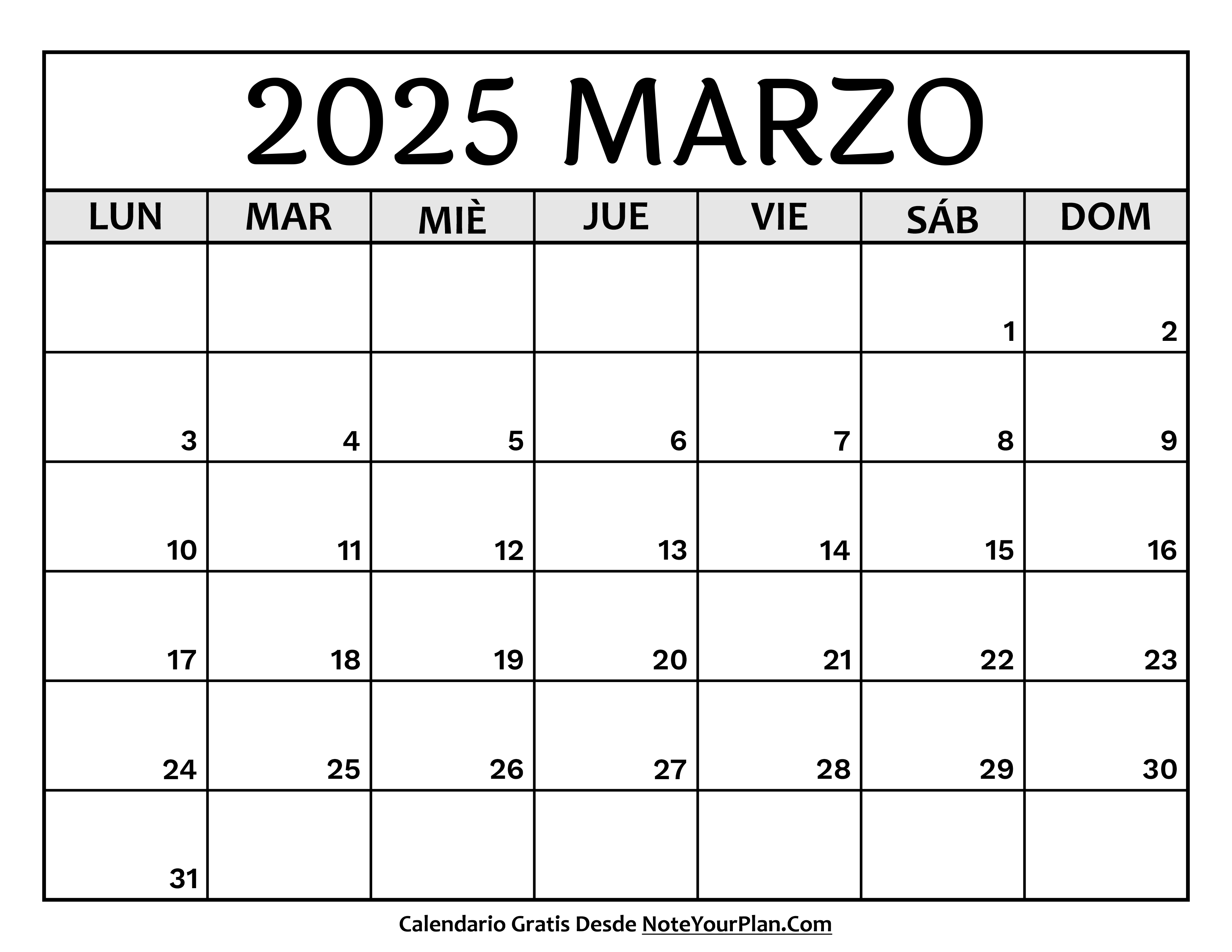 Calendario mes Marzo 2025 para Imprimir