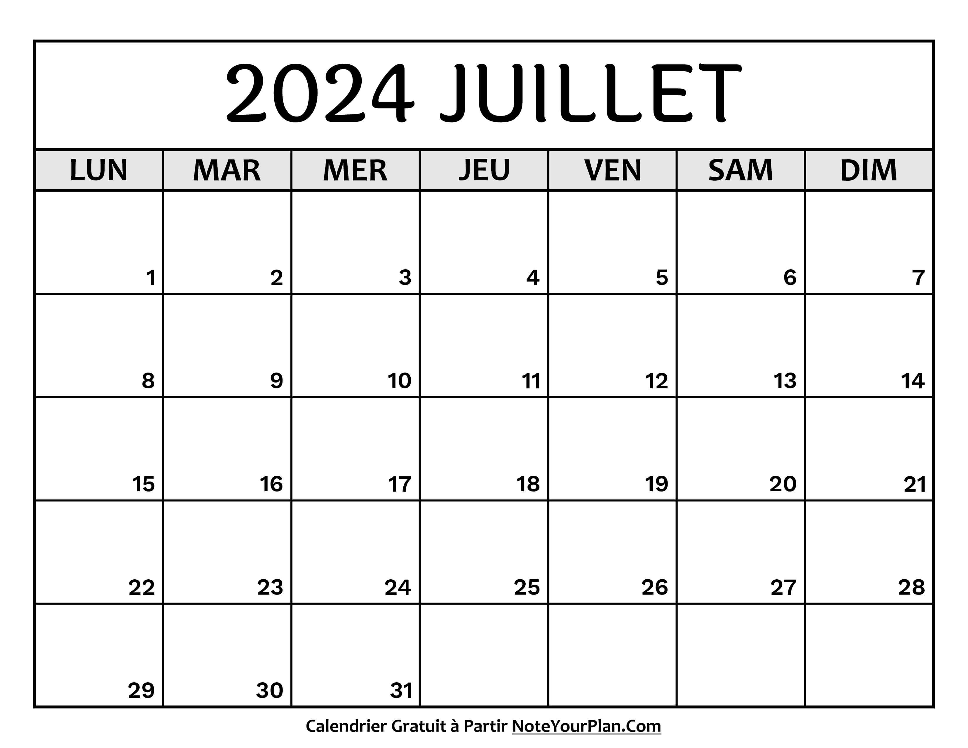 Calendrier Juillet 2024 à Imprimer