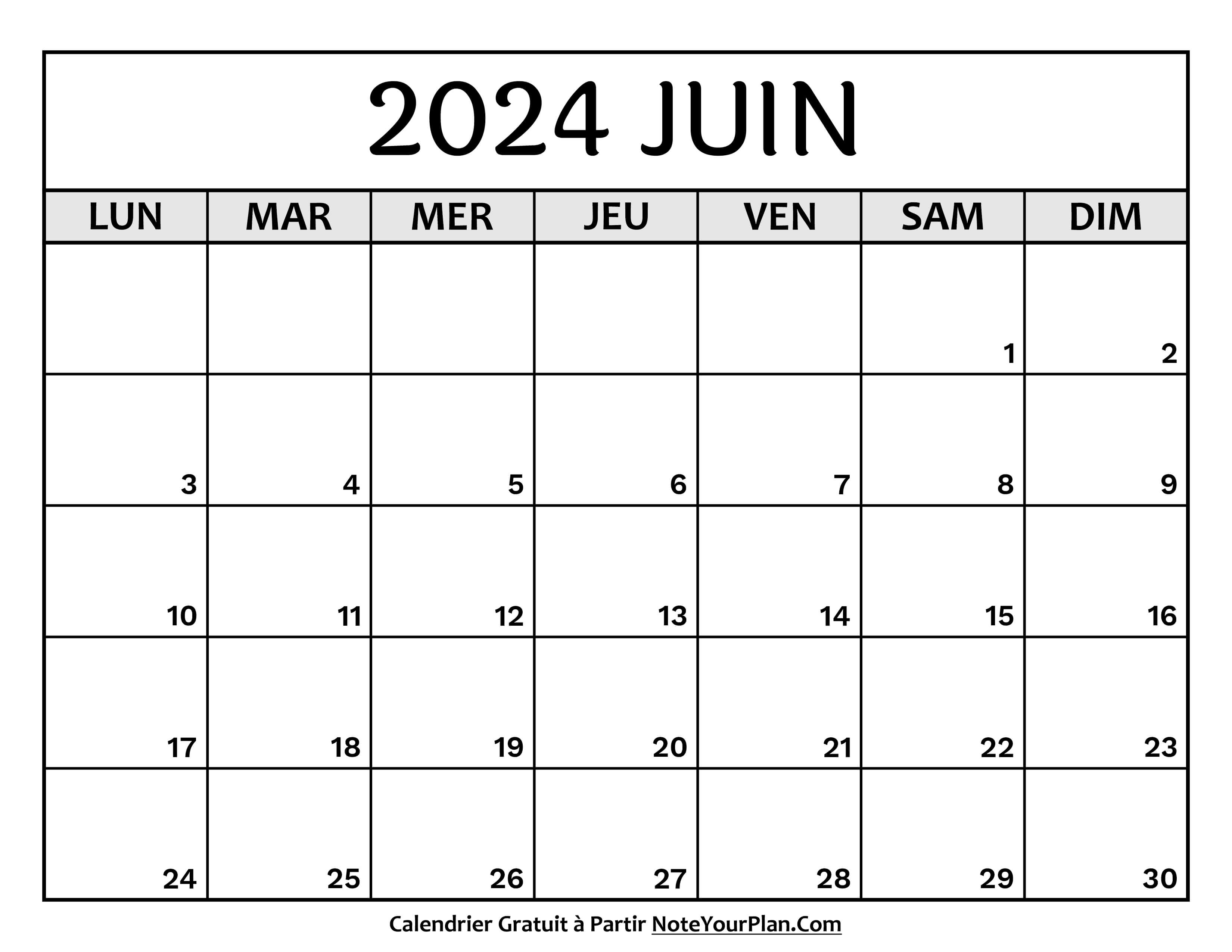 Calendrier Juin 2024 à Imprimer