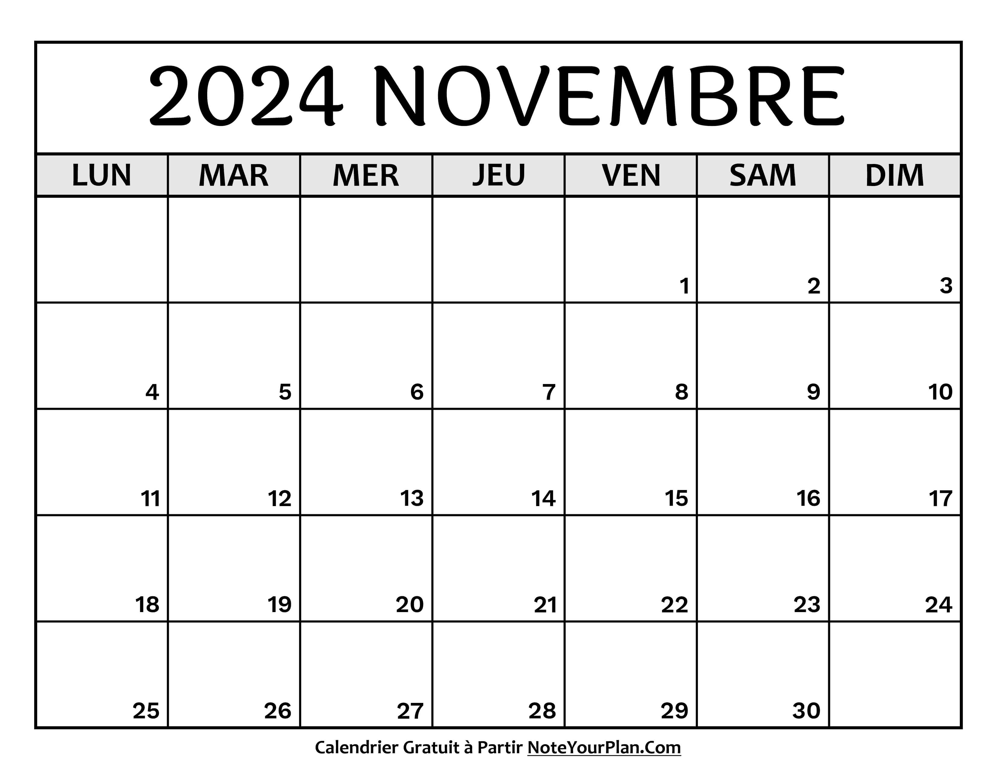 Calendrier Novembre 2024 à Imprimer