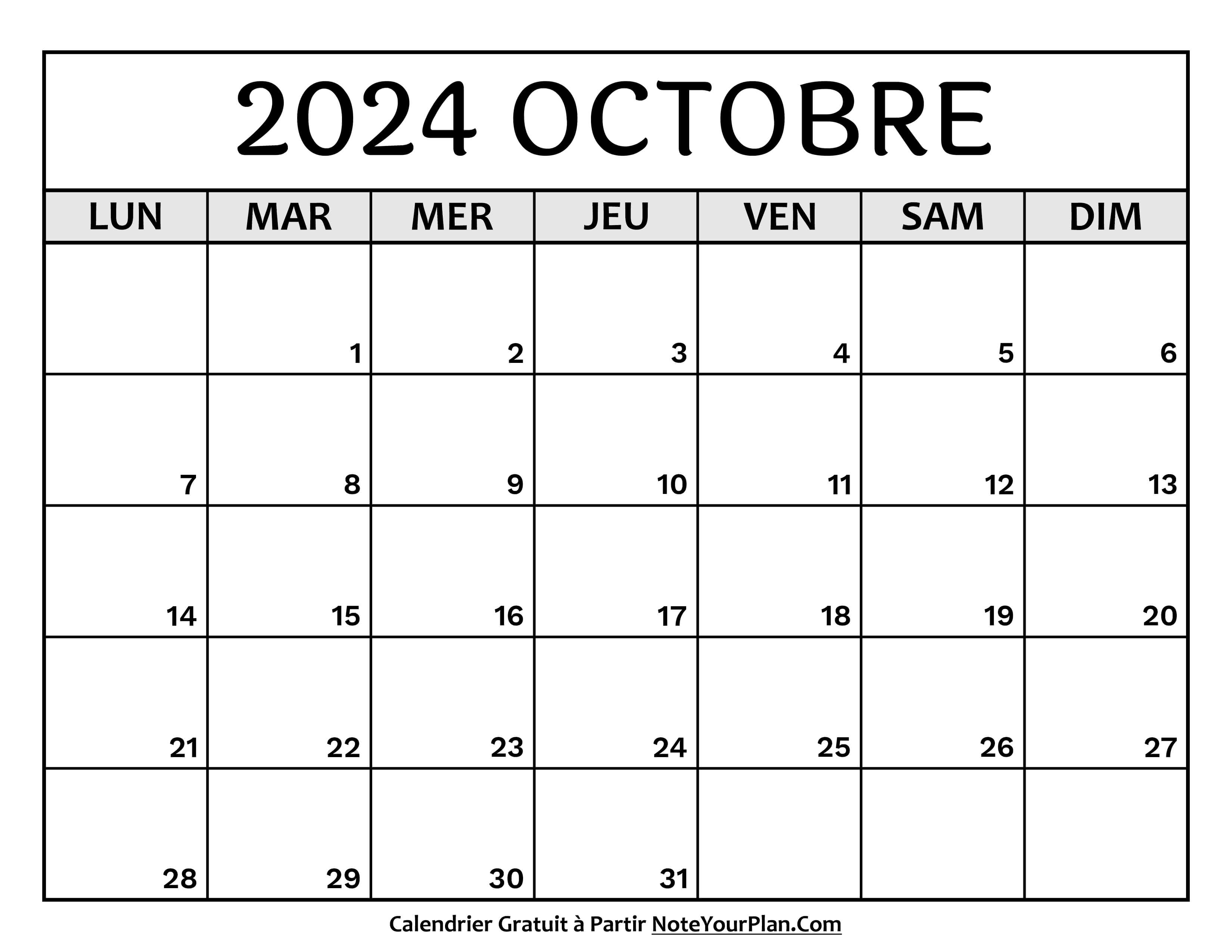 Calendrier Octobre 2024 à Imprimer