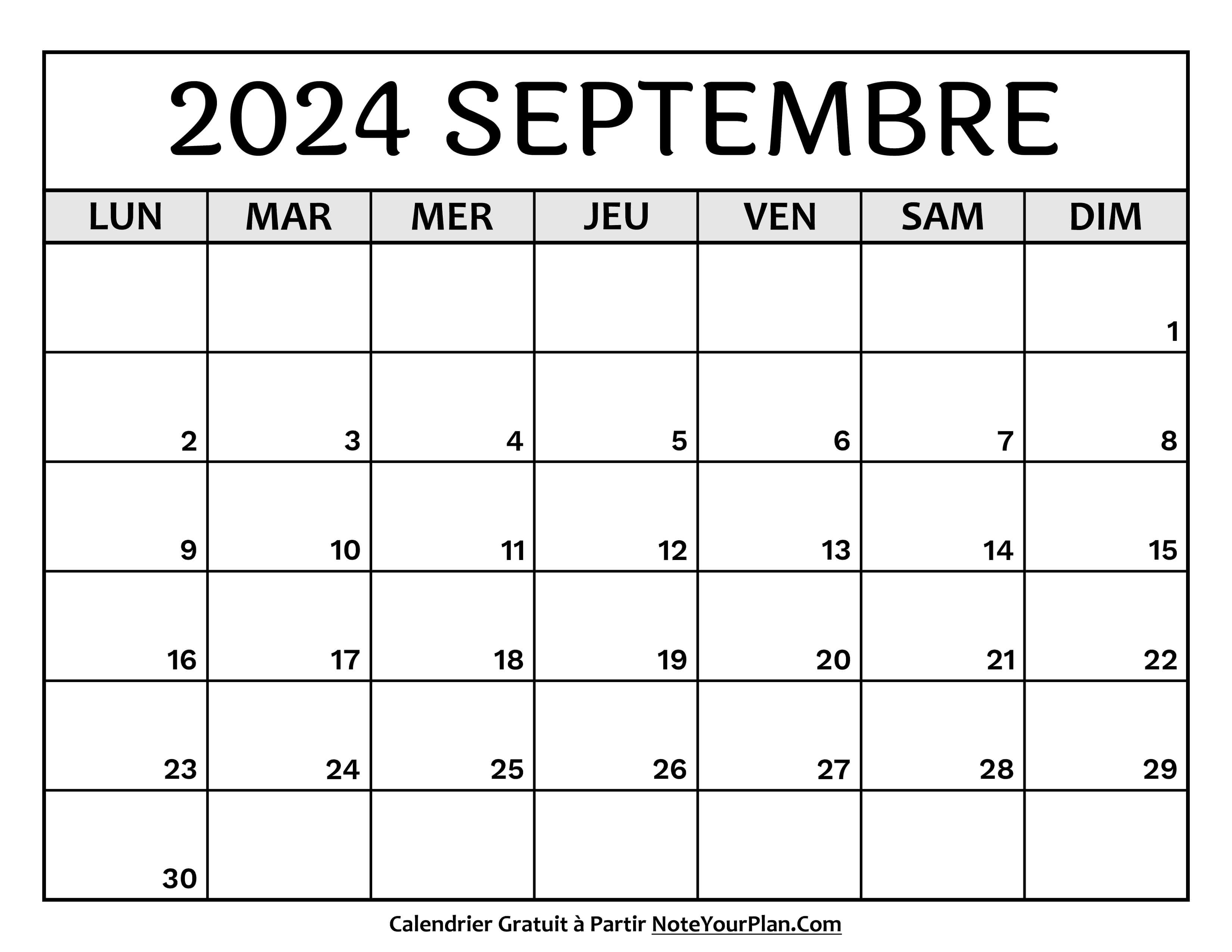 Calendrier Septembre 2024 à Imprimer