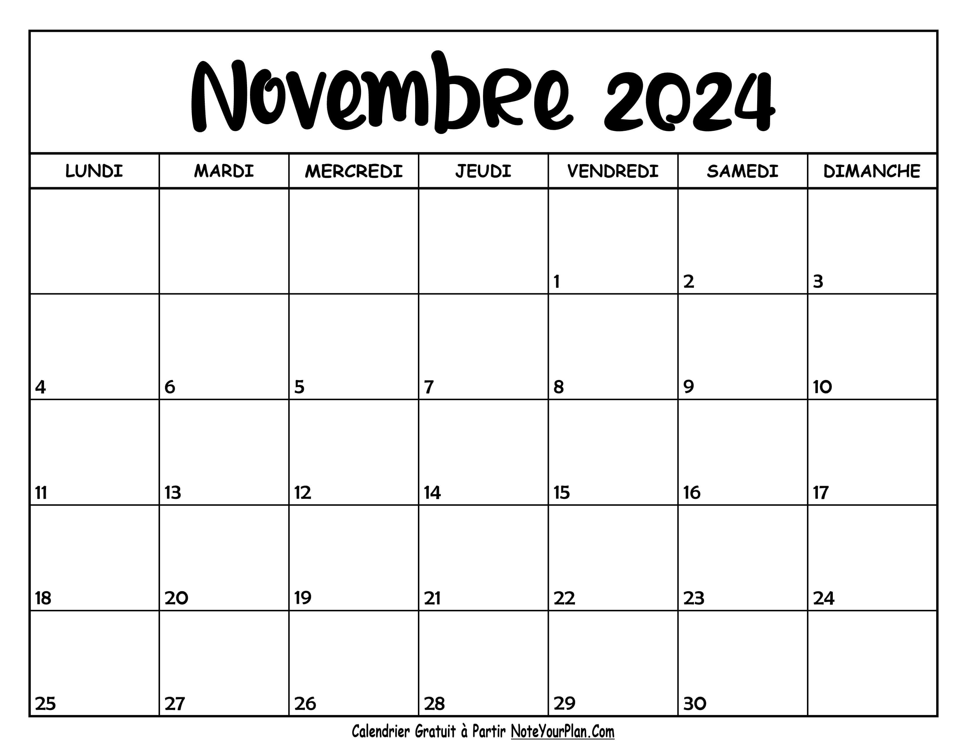 Calendrier Vierge Novembre 2024