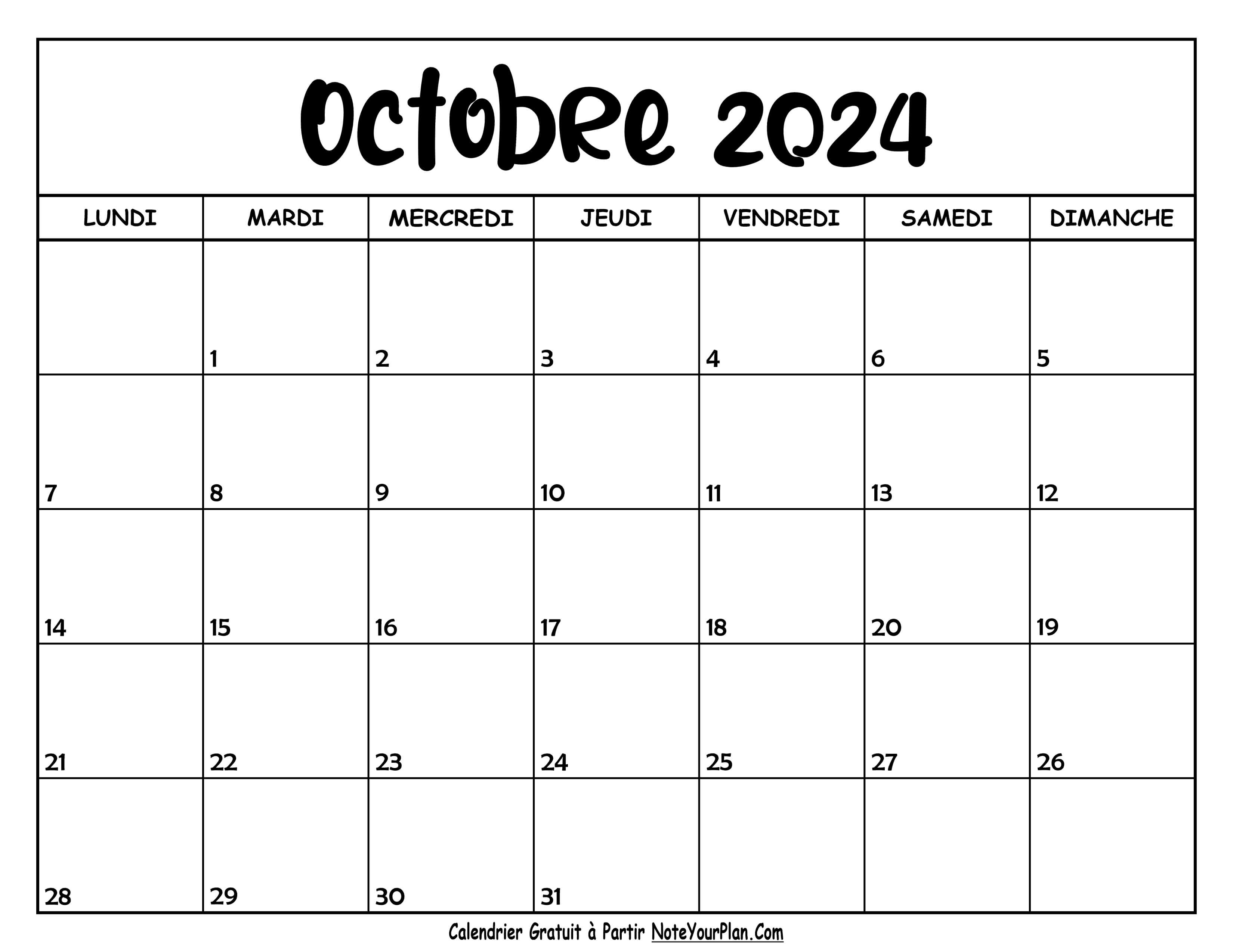 Calendrier Vierge Octobre 2024