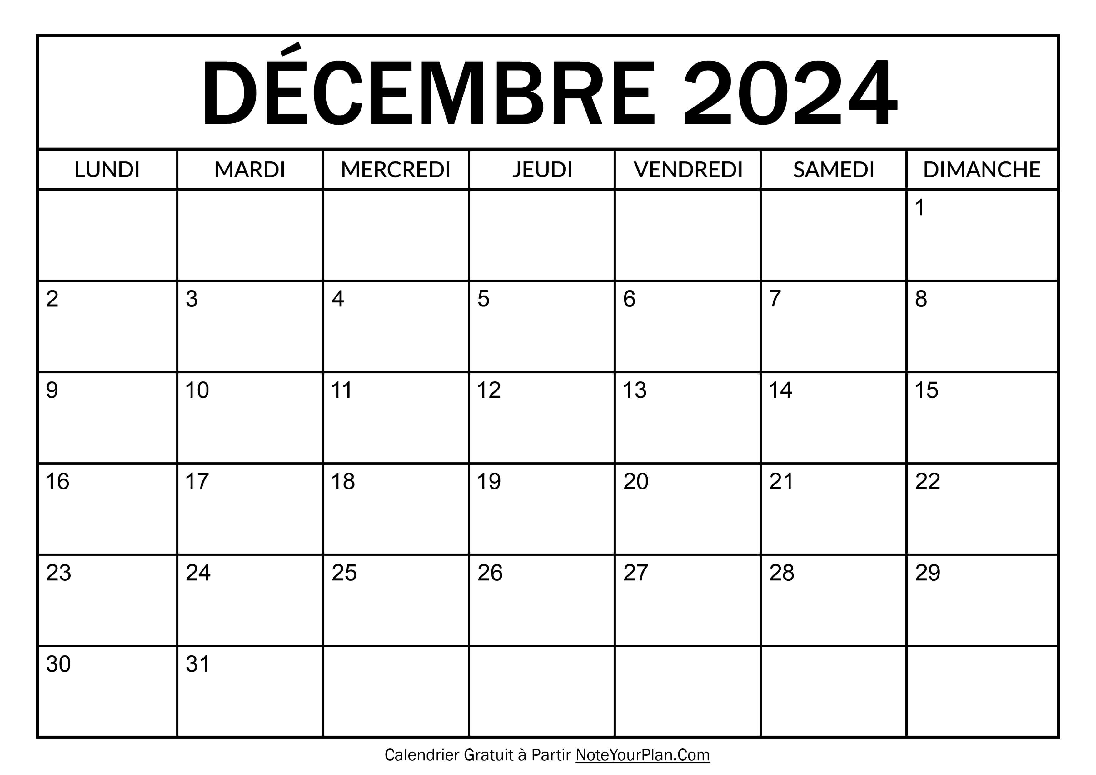 Calendrier à imprimer Décembre 2024