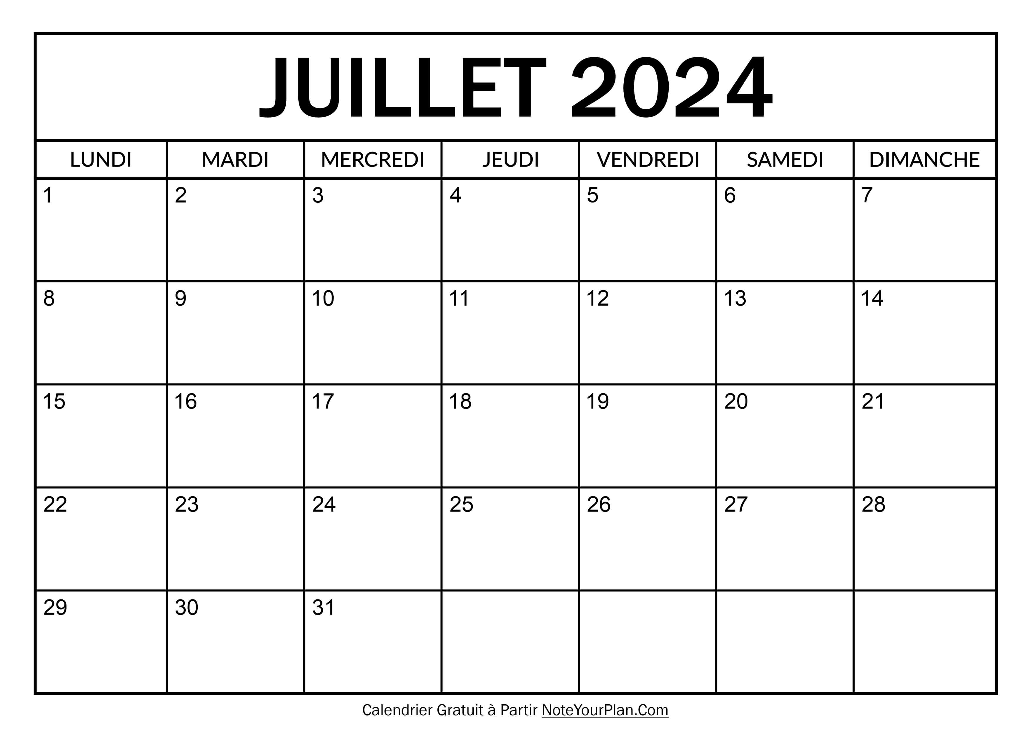 Calendrier à imprimer Juillet 2024
