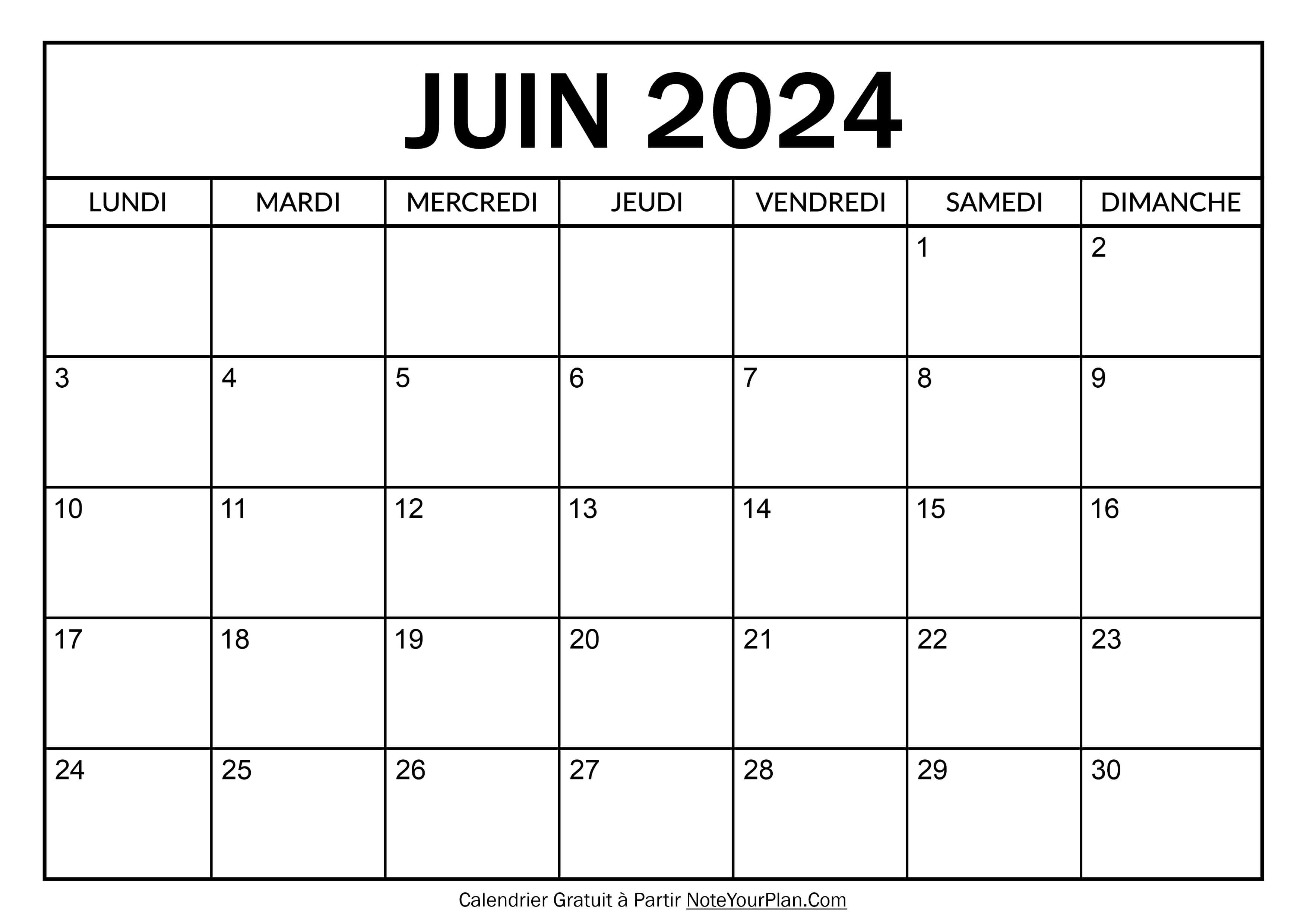 Calendrier à imprimer Juin 2024