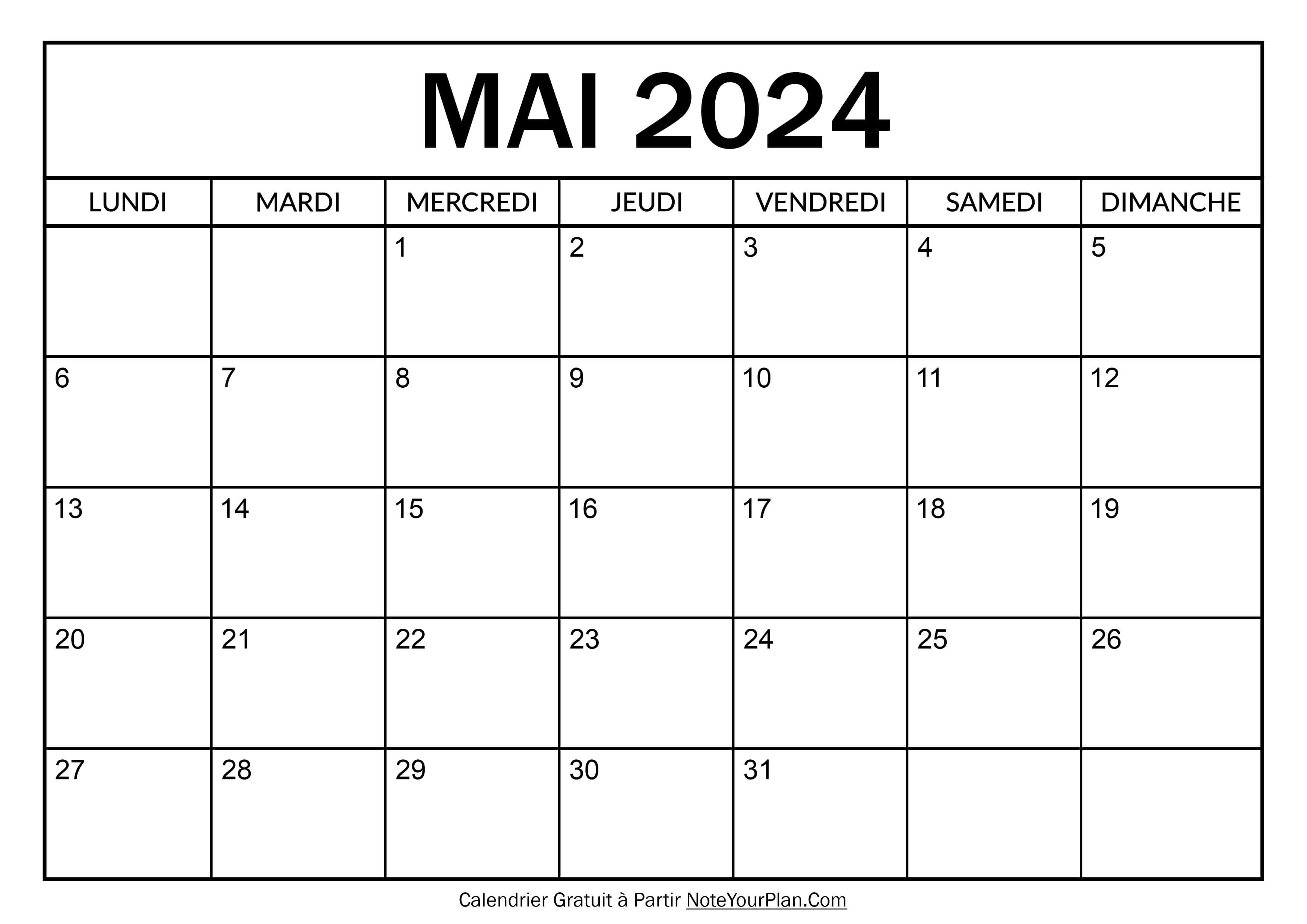 Calendrier à imprimer Mai 2024