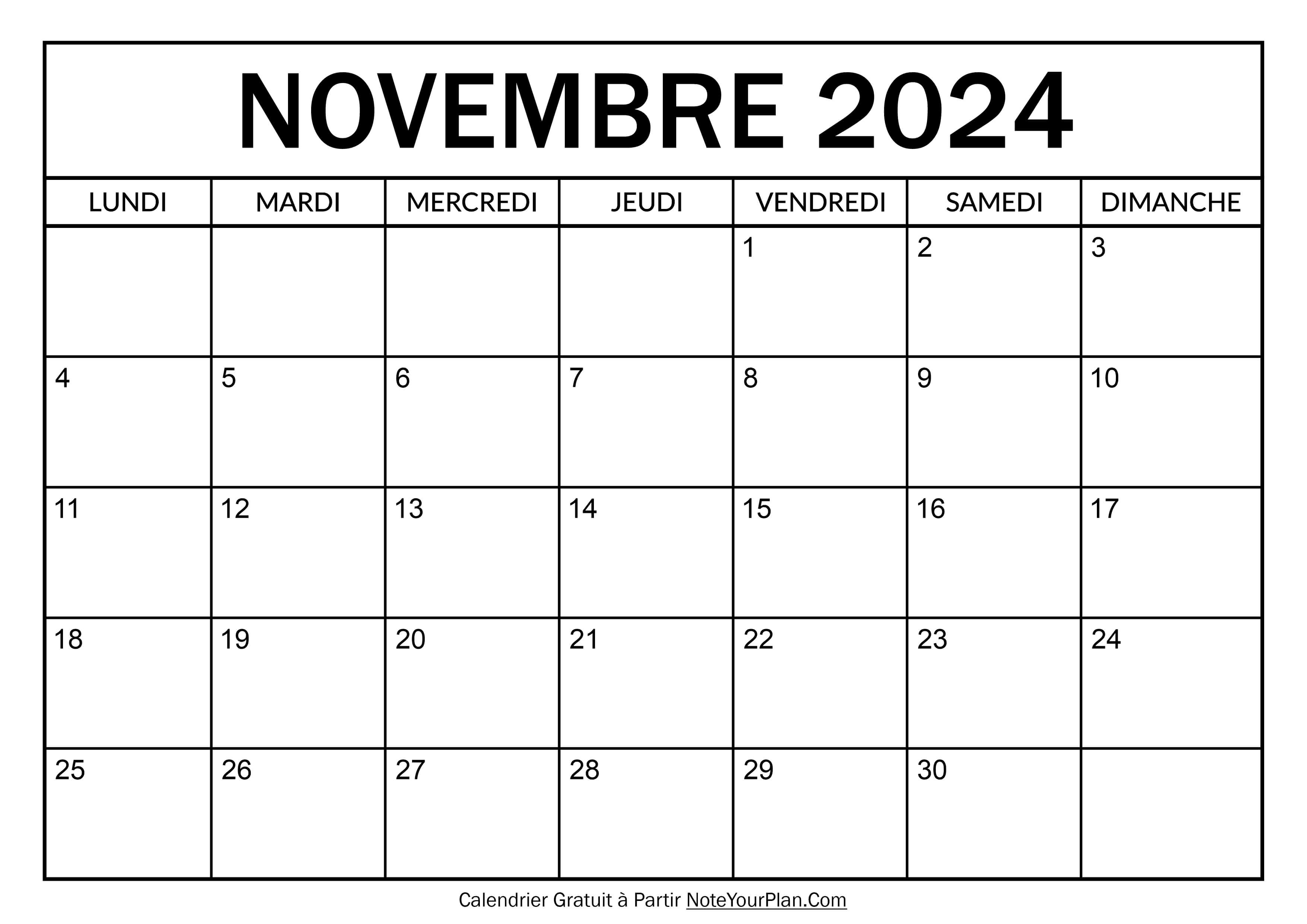 Calendrier à imprimer Novembre 2024
