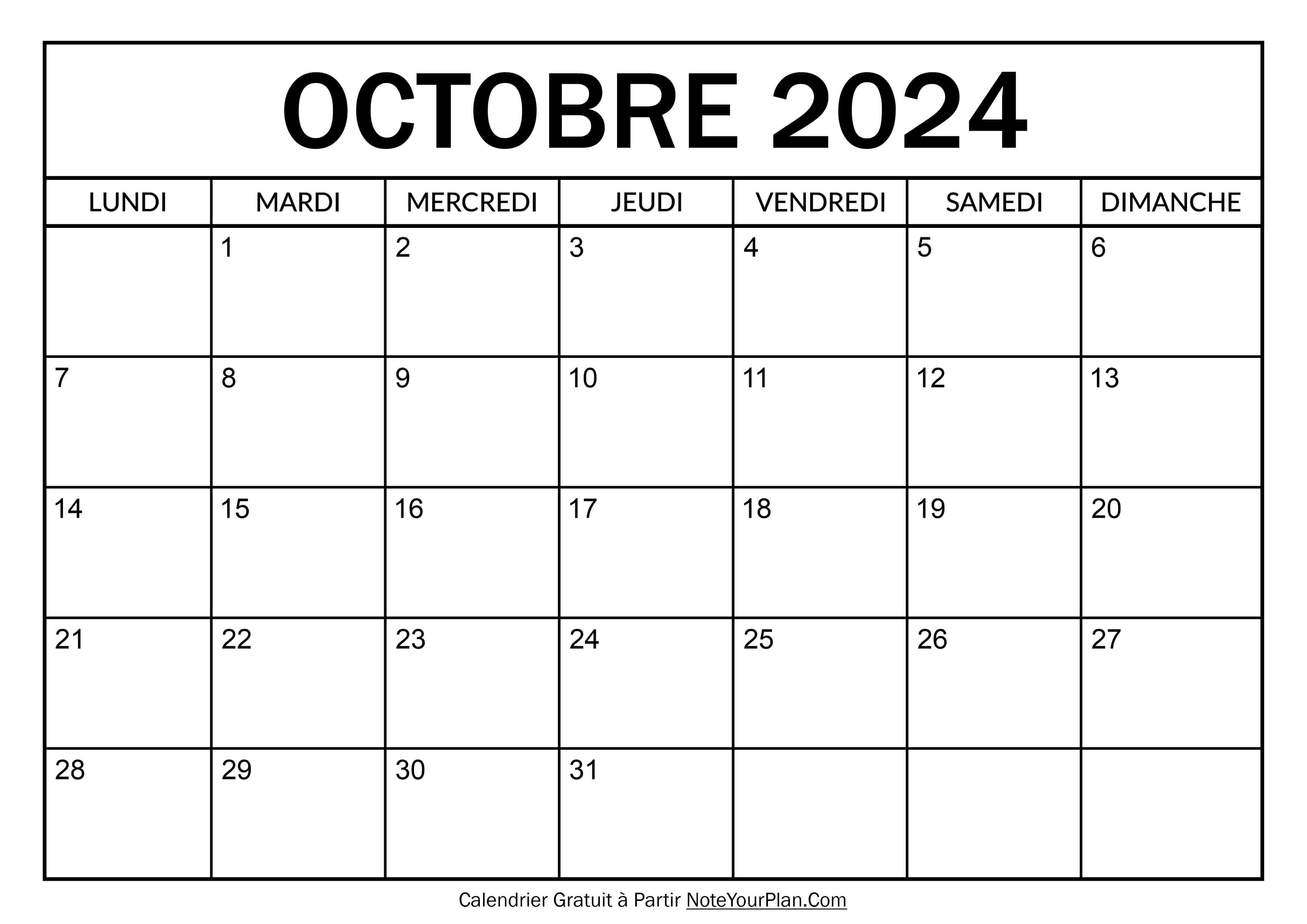 Calendrier à imprimer Octobre 2024
