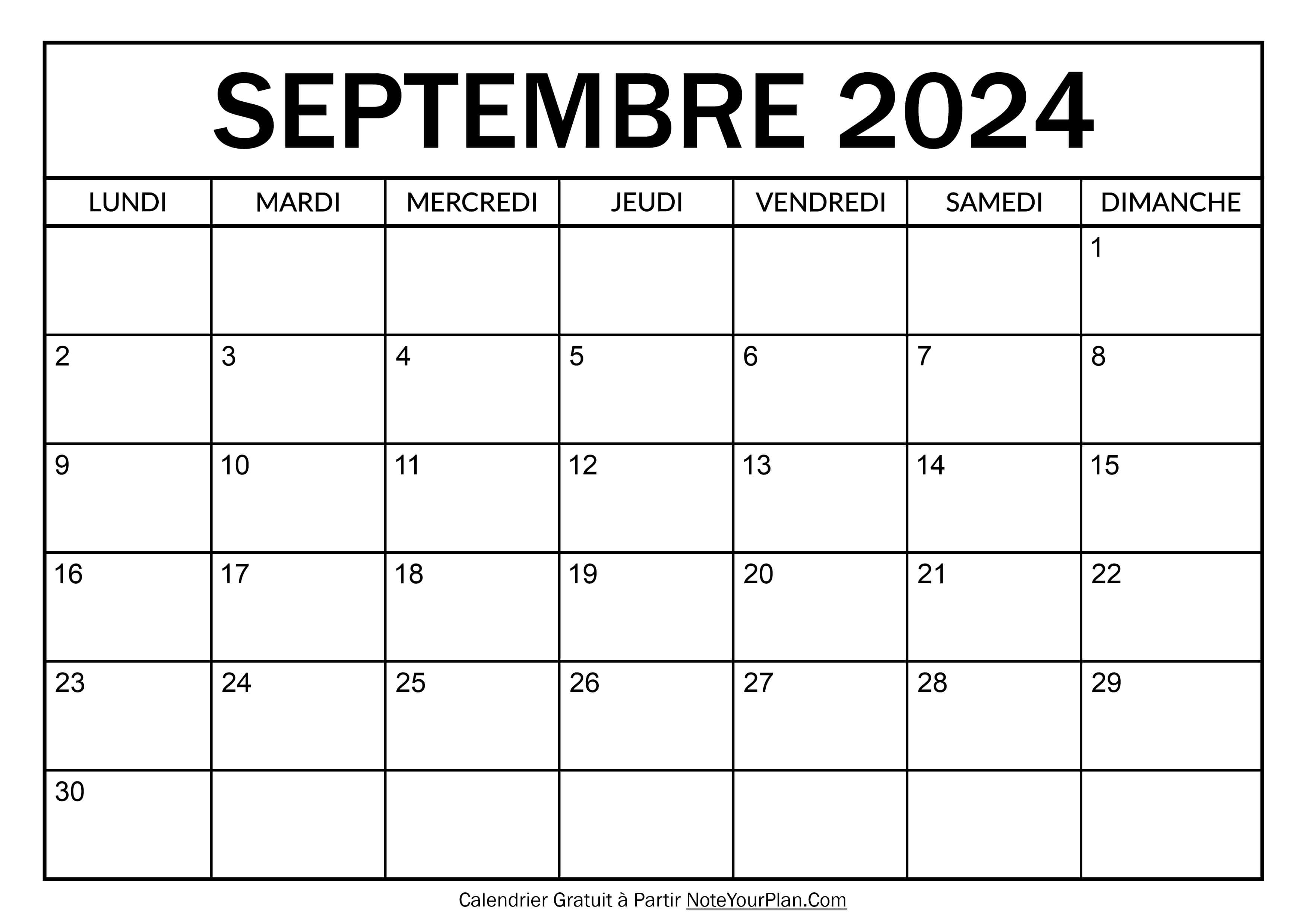 Calendrier à imprimer Septembre 2024