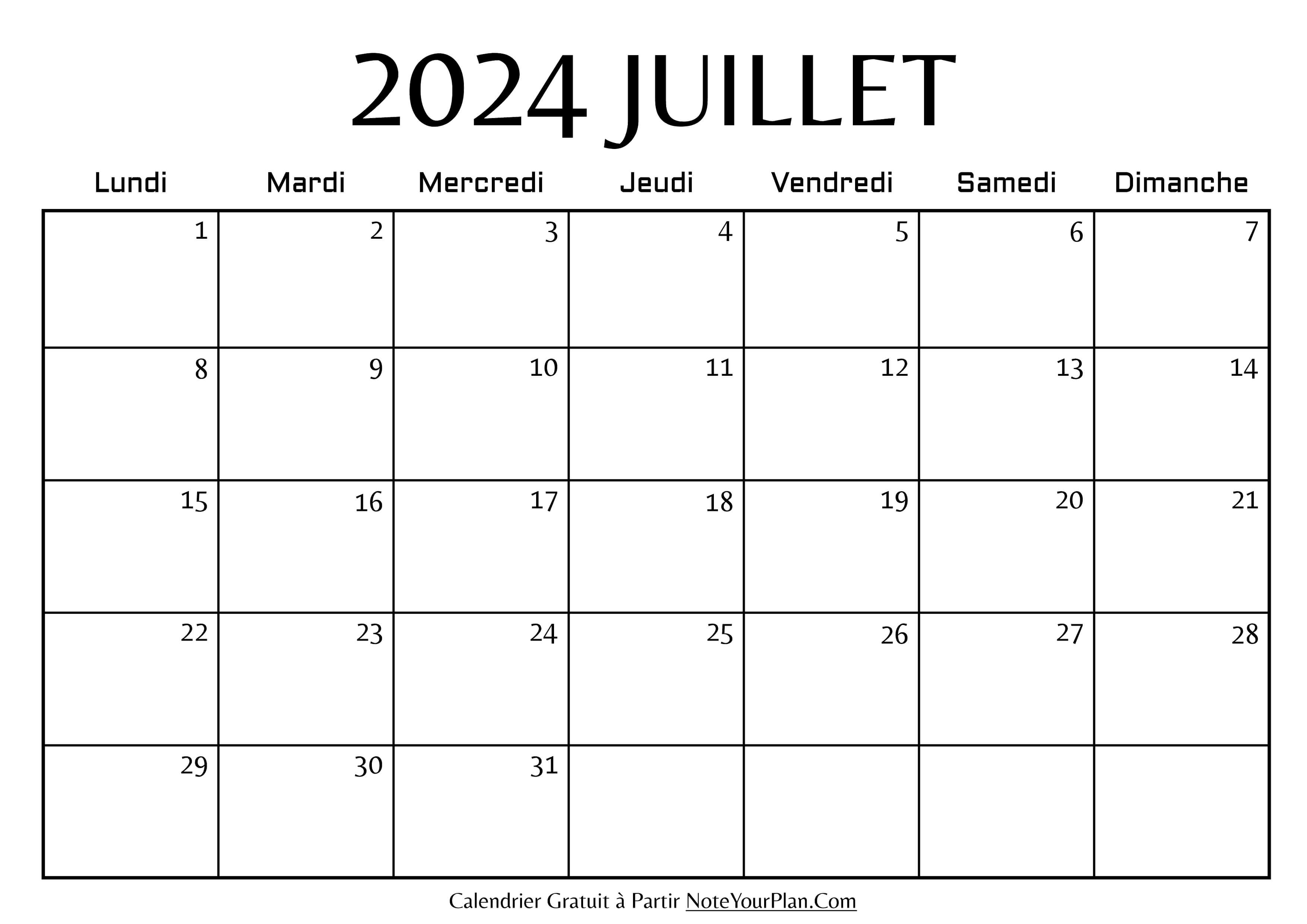 Calendrier de Juillet 2024