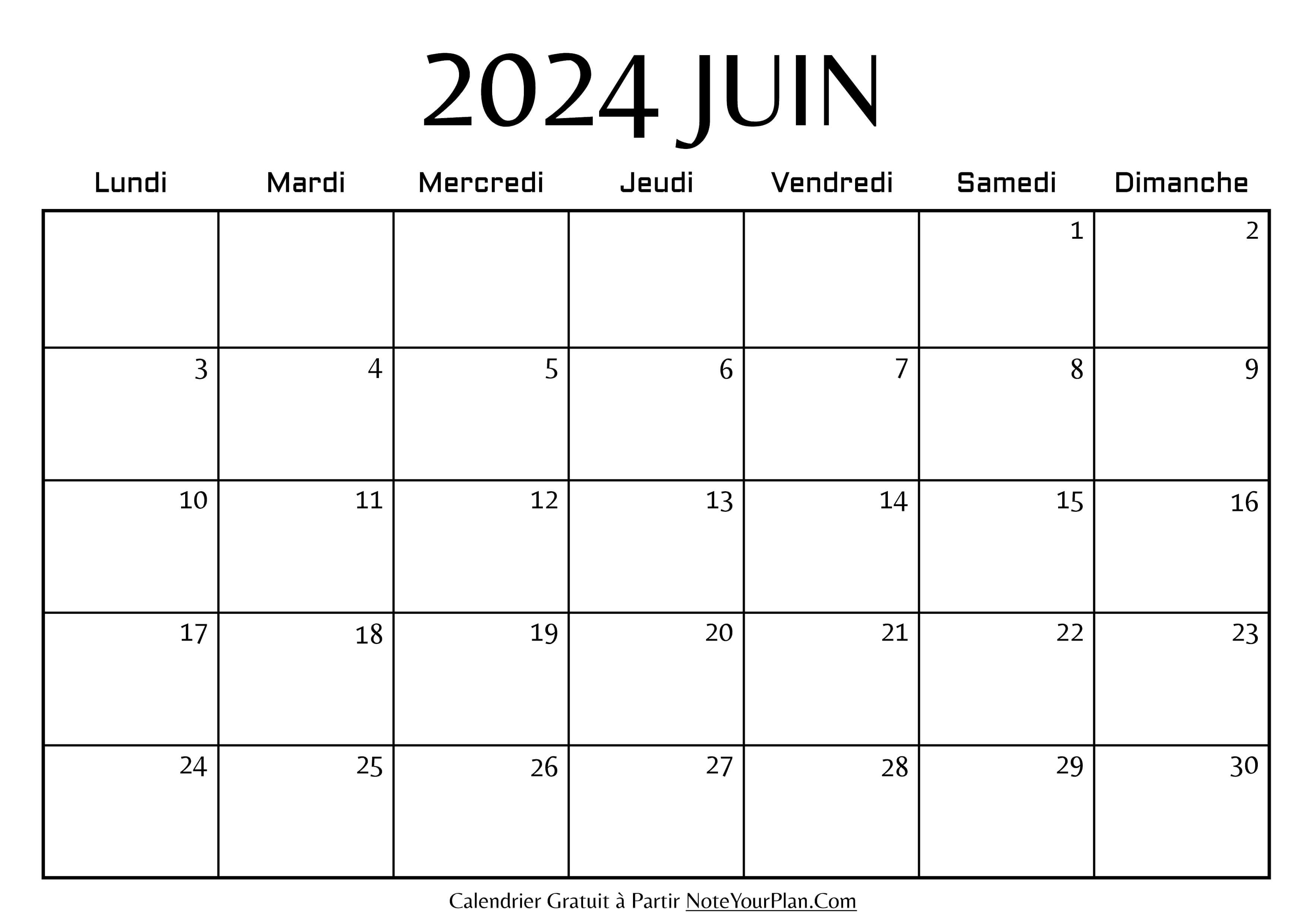 Calendrier de Juin 2024