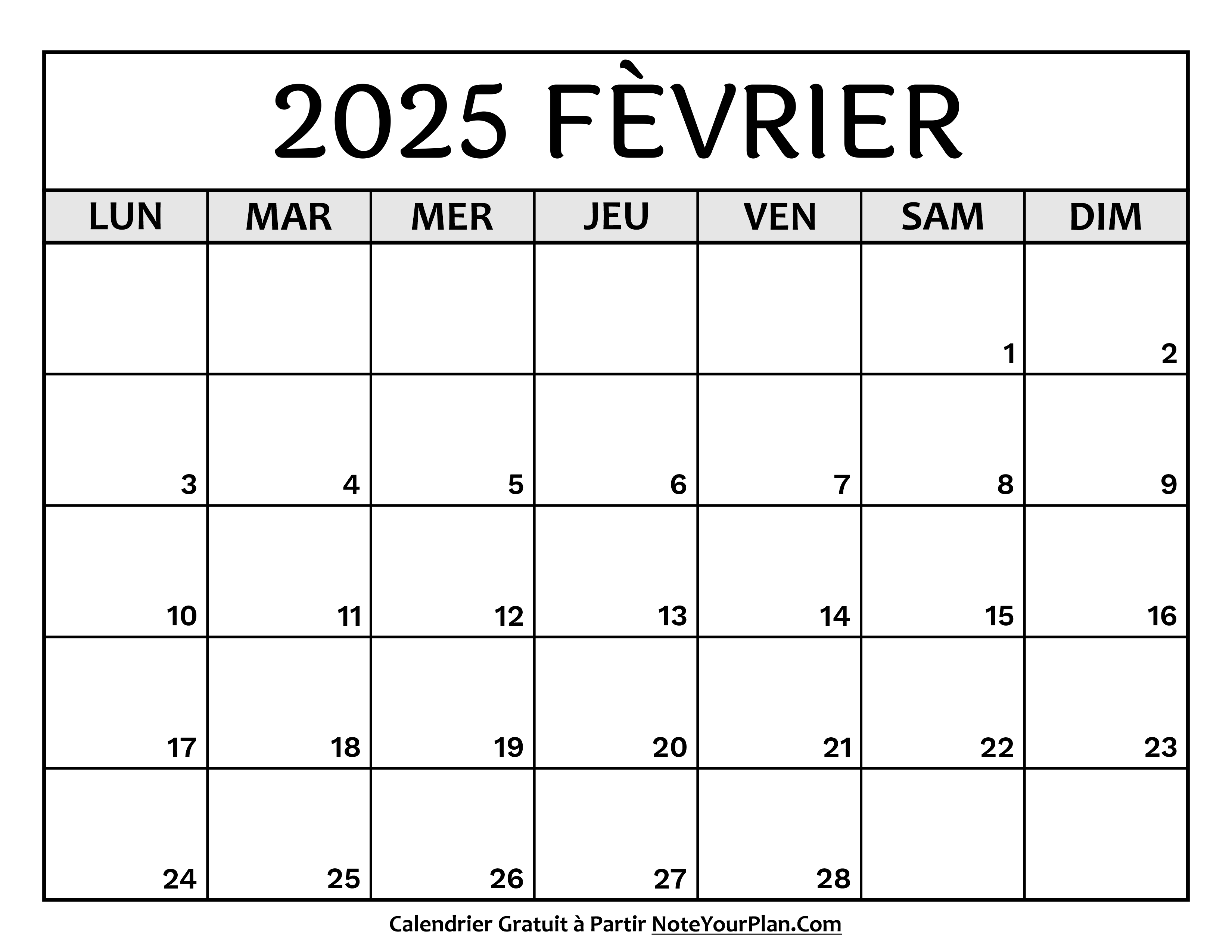 Calendrier Février 2025 à Imprimer
